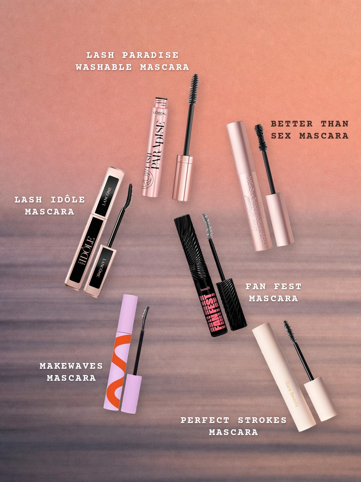Floating-products collage featuring L’Oréal Lash Paradise, Too Faced Better Than Sex, Lancôme Lash Idôle, Benefit Fan Fest, Tower 28 MakeWaves, and Rare Beauty Perfect Strokes mascaras.