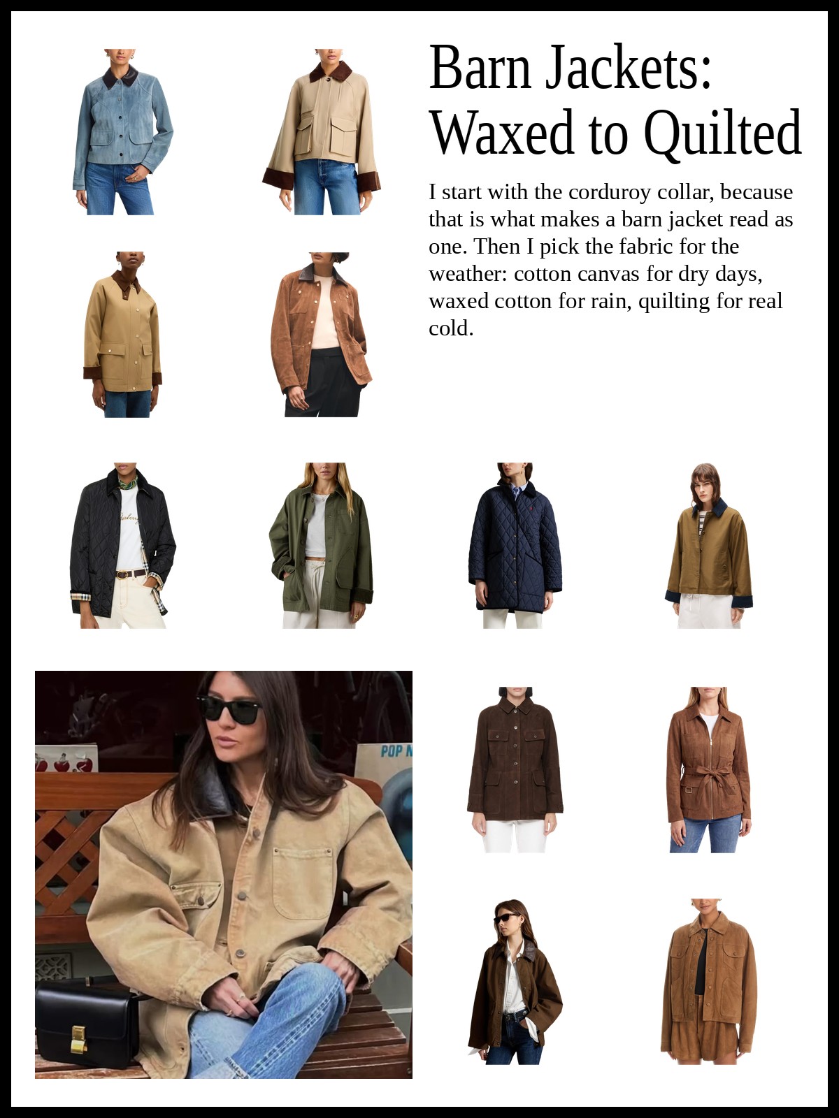 Collage of barn jackets with corduroy collars, waxed cotton and quilted styles, plus a photo of a tan barn jacket outfit