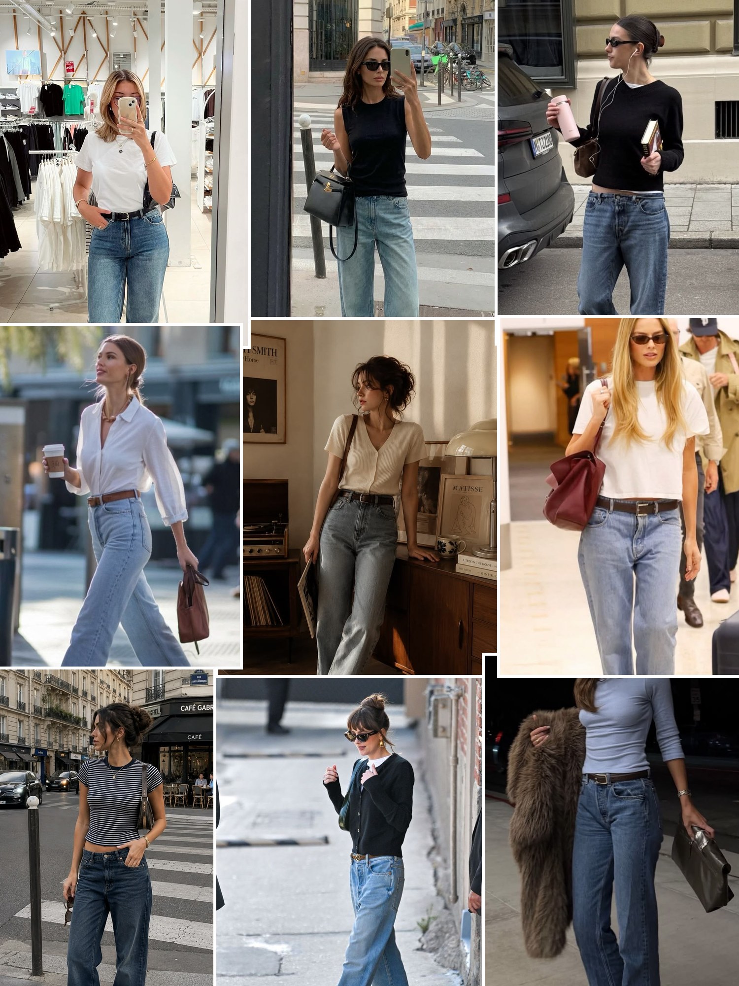 Collage of everyday outfits built around light and mid-wash jeans