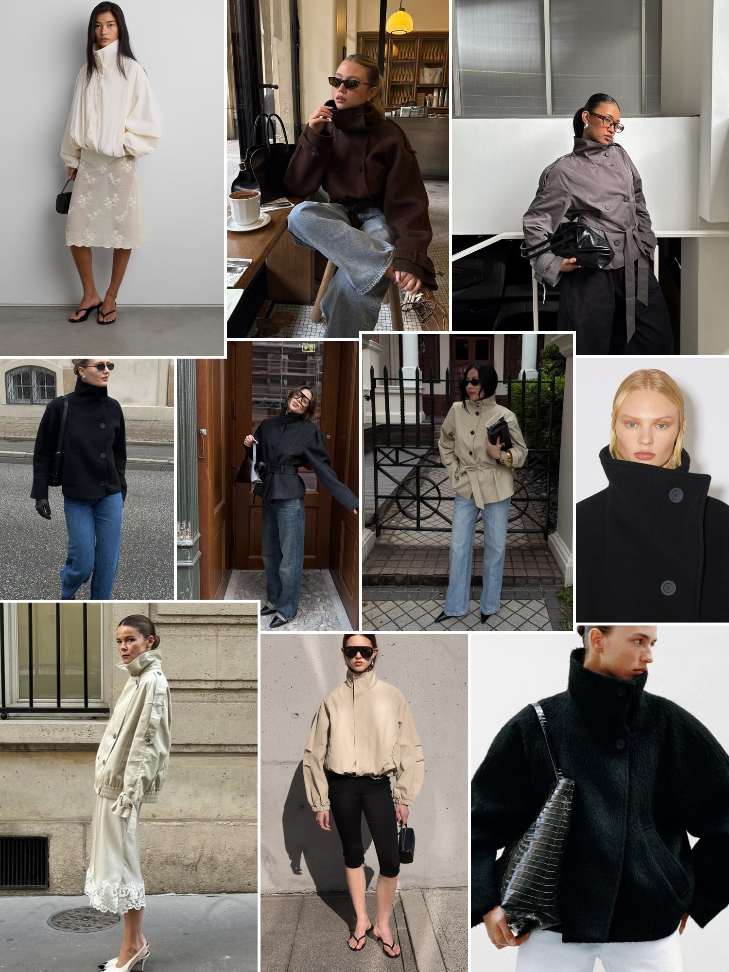 Collage of everyday outfits built around Funnel neck coat