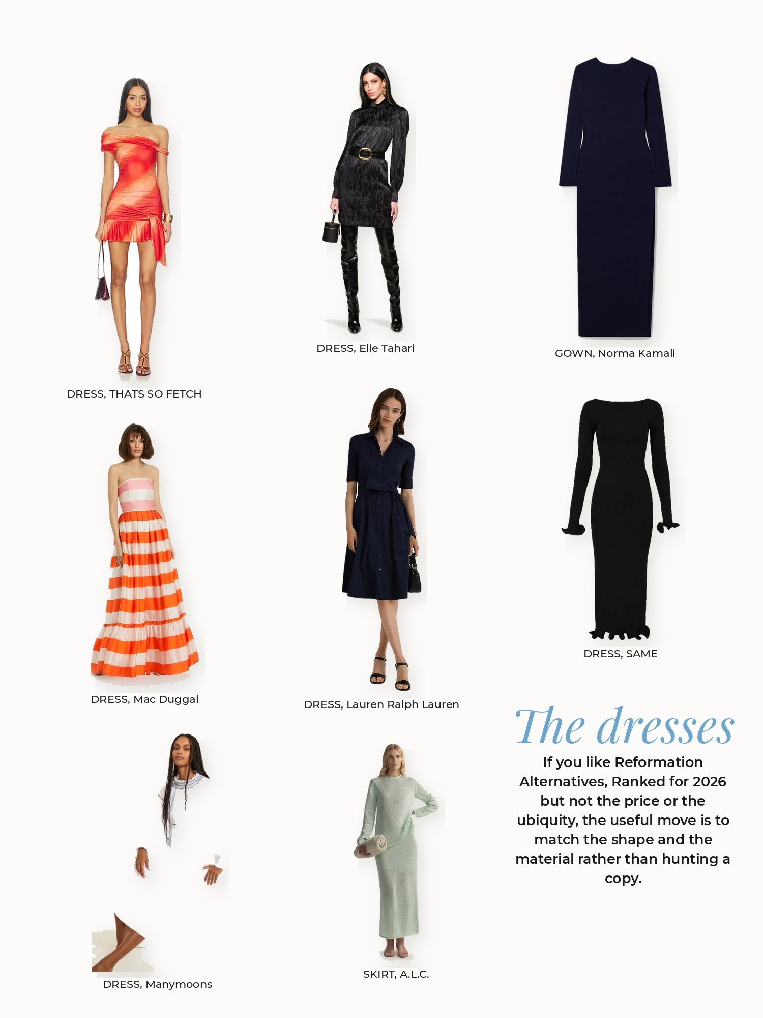 Dresses collage: A.L.C., Elie Tahari, Lauren Ralph Lauren, Mac Duggal, Manymoons, Norma Kamali, SAME, THATS SO FETCH
