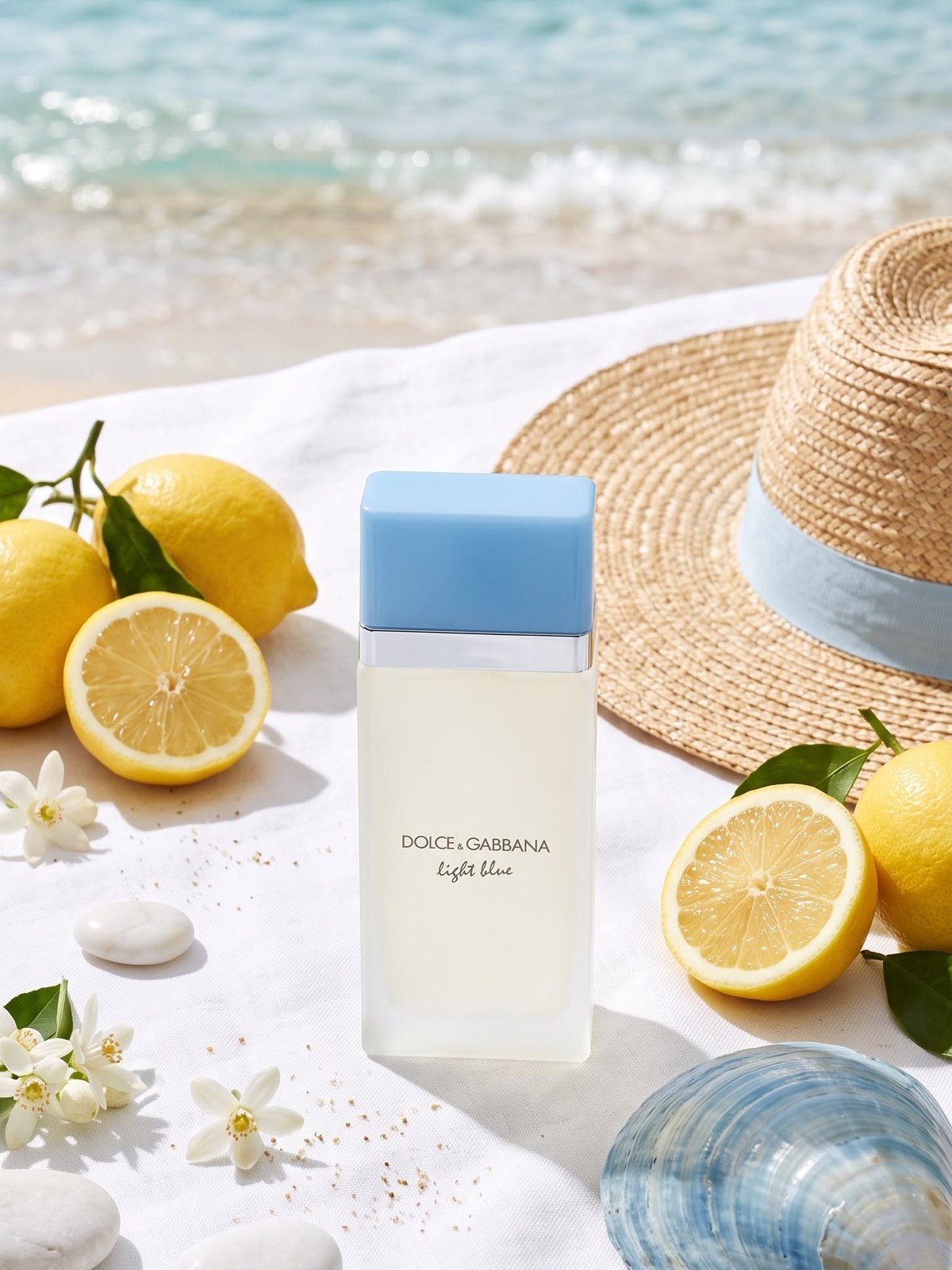 Dolce&Gabbana Light Blue bottle on a white towel beside halved lemons, orange blossoms, a straw hat and a blue shell on a beach