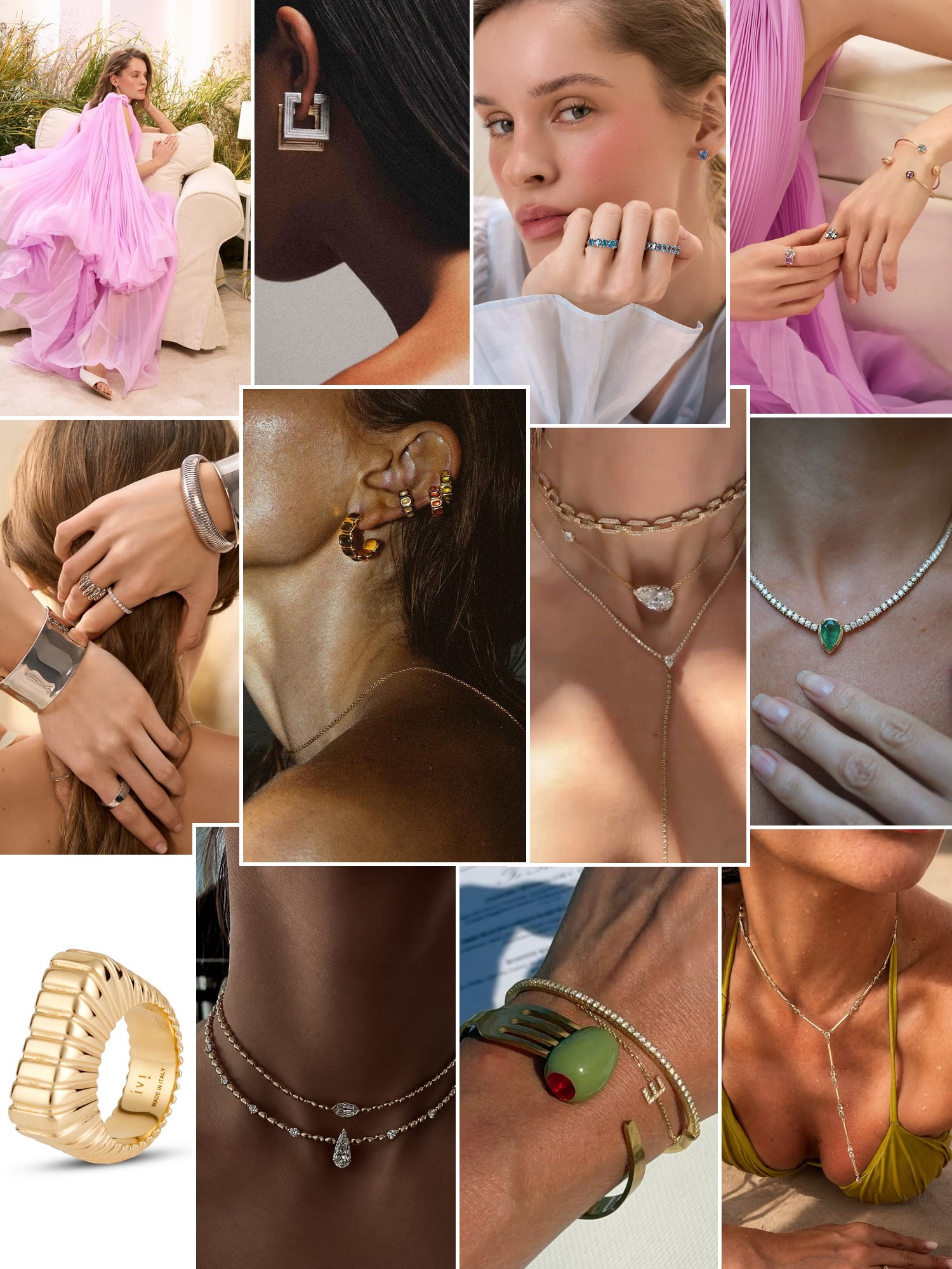 Collage of rings, earrings and layered necklaces worn up close, in the spirit of IVI