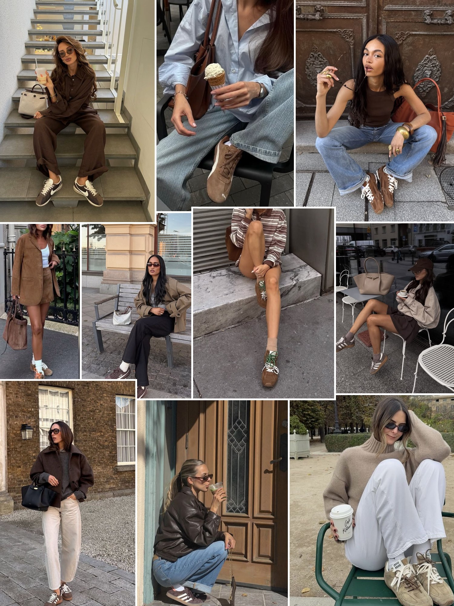 Collage of everyday outfits built around brown sneakers