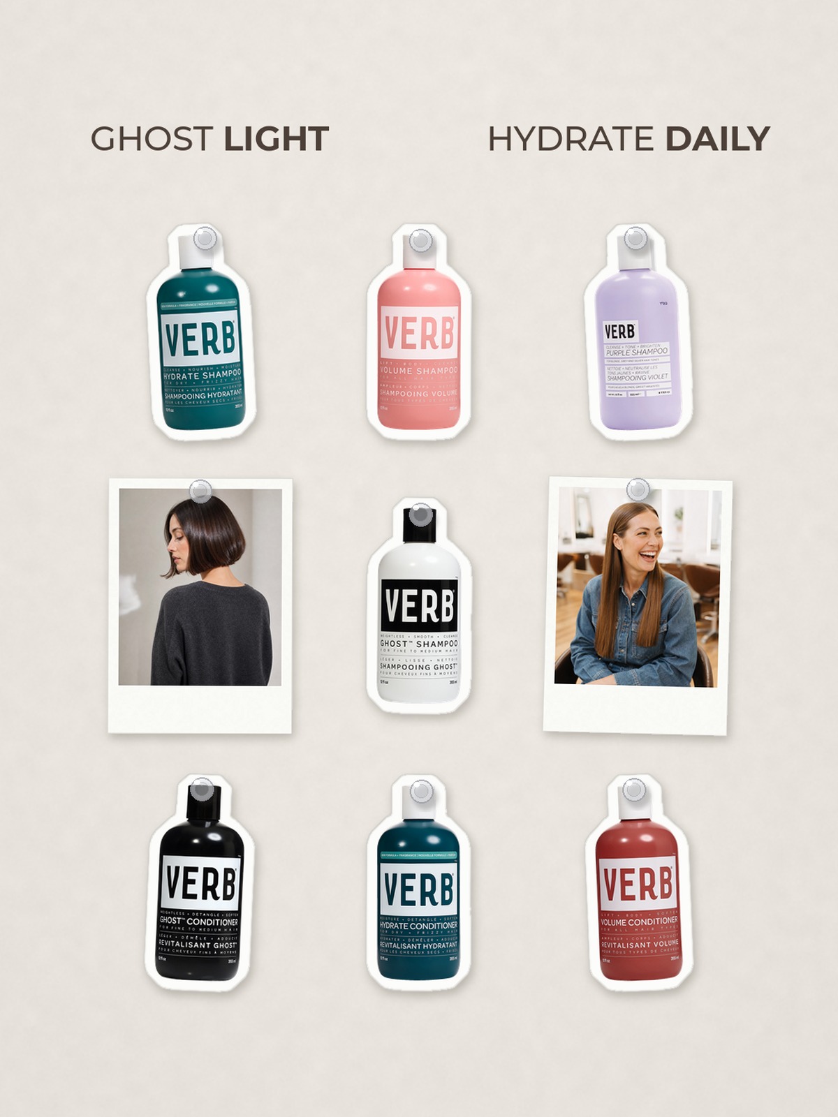Cut-out product collage with two campaign-style photos: Verb Ghost Weightless Shampoo for Fine Hair; Verb Hydrate Shampoo for Dry and Frizzy Hair; Verb Body Boosting Volume Shampoo; Verb Brightening Purple Shampoo for Blonde Hair; Verb Ghost Conditioner for Fine to Medium Hair; Verb Hydrate Conditioner for Dry and Frizzy Hair; Verb Volume Enhancing Conditioner