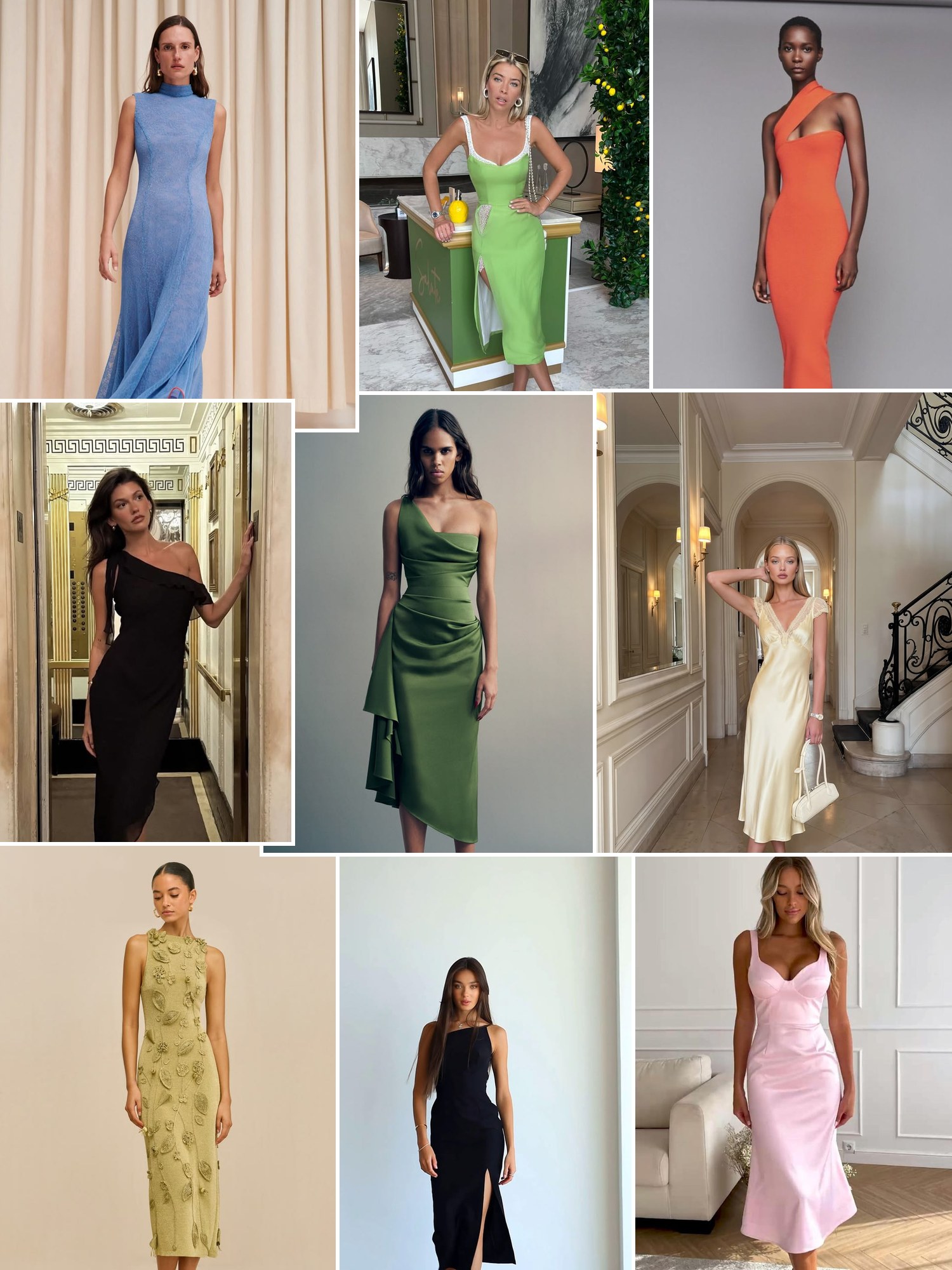 Street style collage of women wearing midi formal dresses