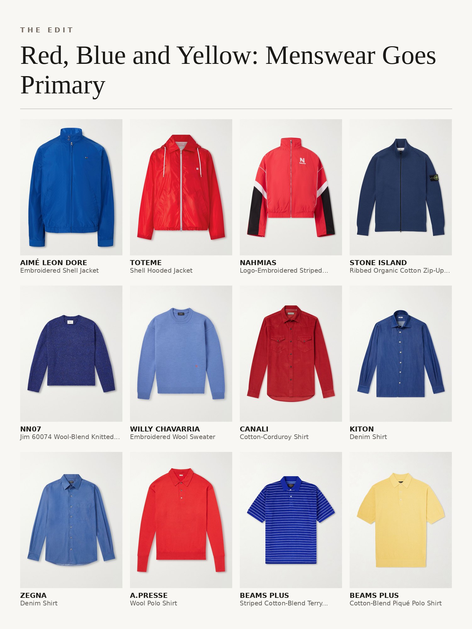 Collage of primary-color menswear: blue and red shell jackets, yellow cable-knit sweaters, blue linen and denim shirts and red striped T-shirts