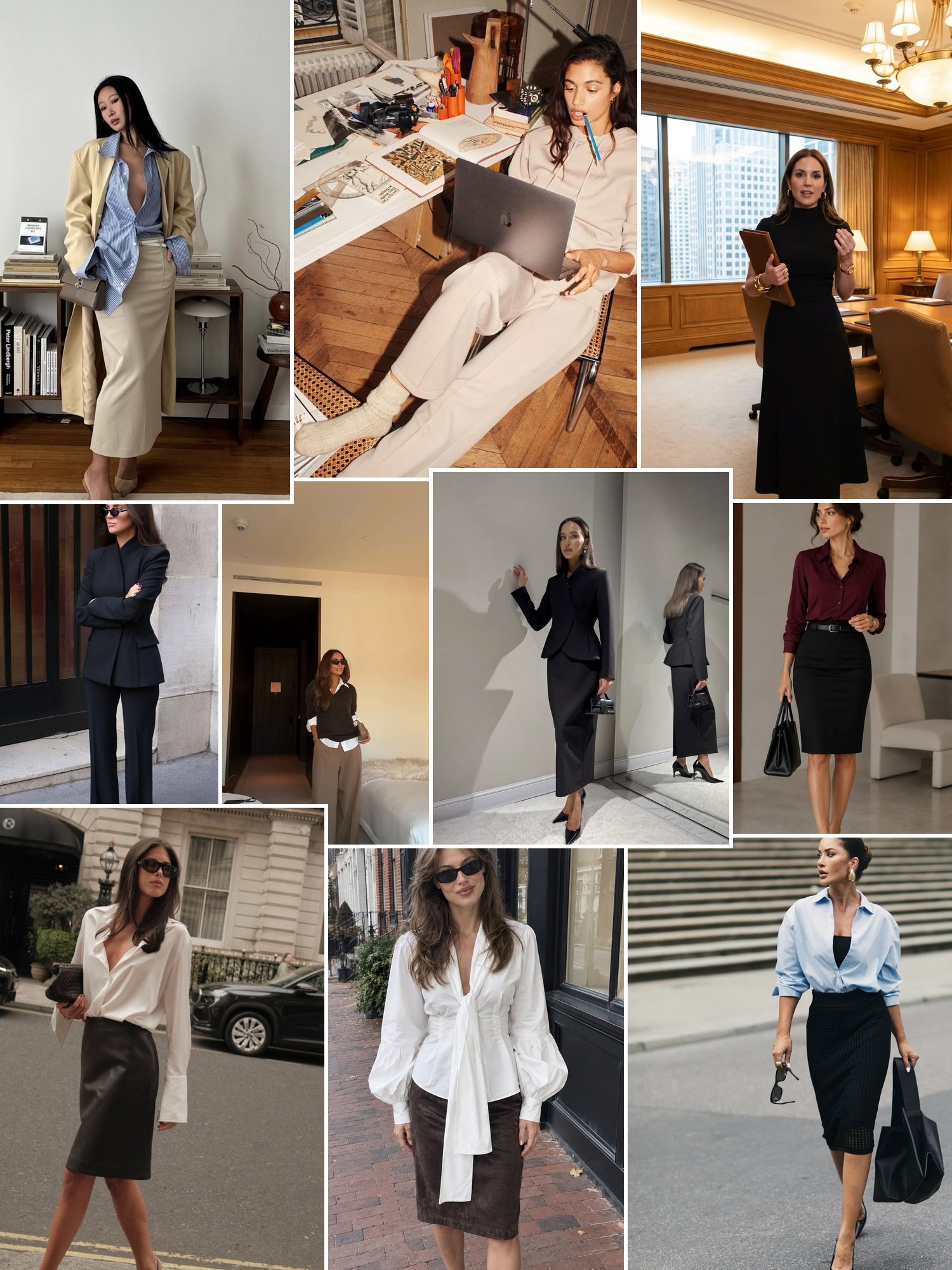 Collage of everyday outfits built around business professional attire women