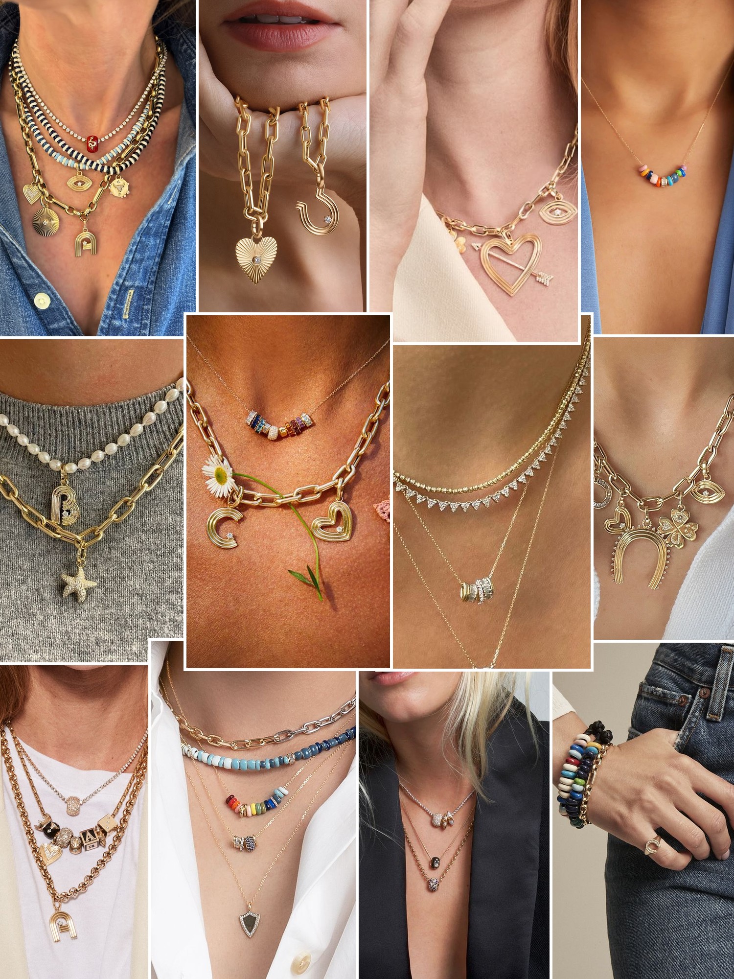 Collage of rings, earrings and layered necklaces worn up close, in the spirit of Adina Reyter