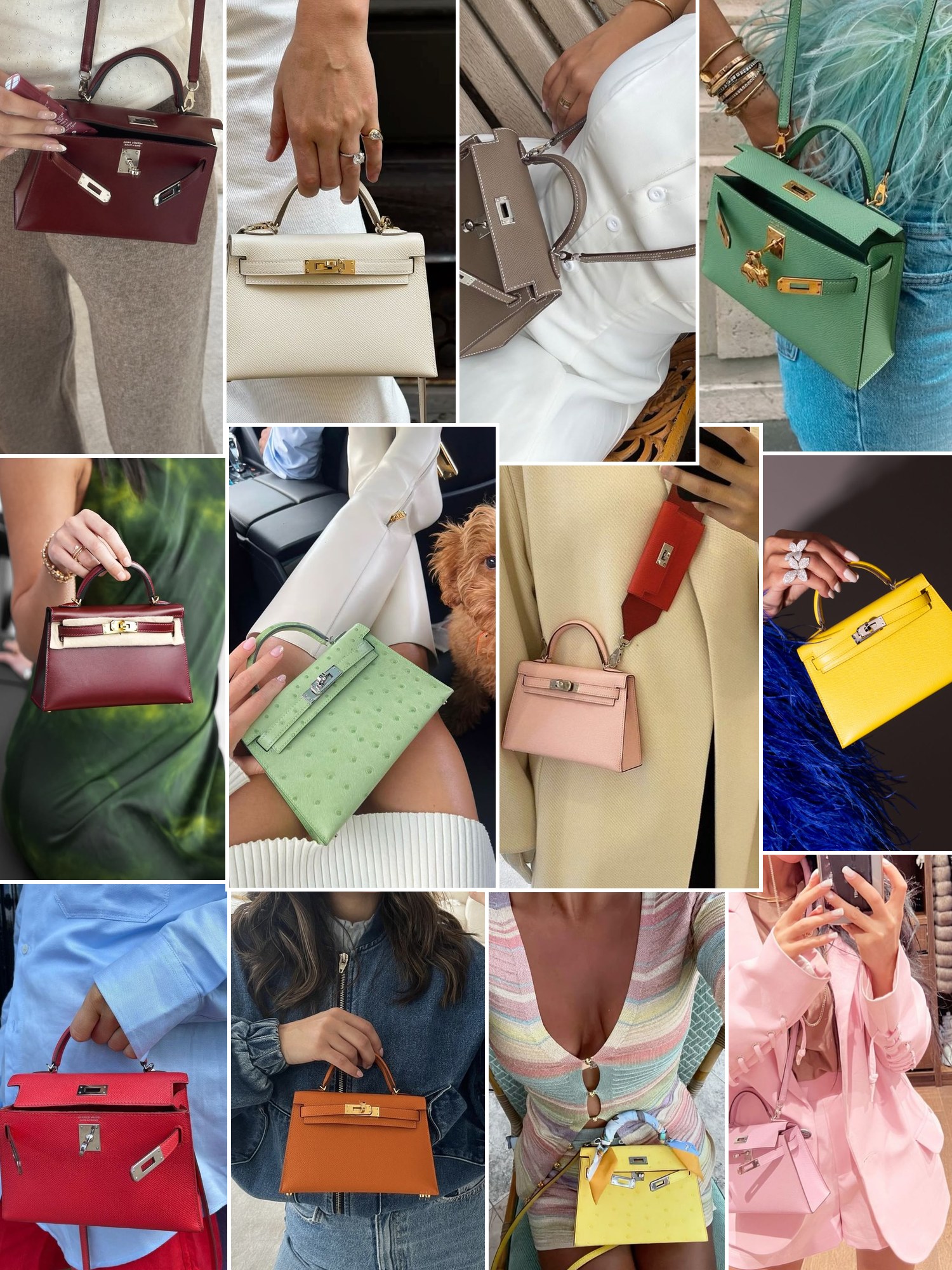Collage of everyday outfits built around Hermès Mini Kelly
