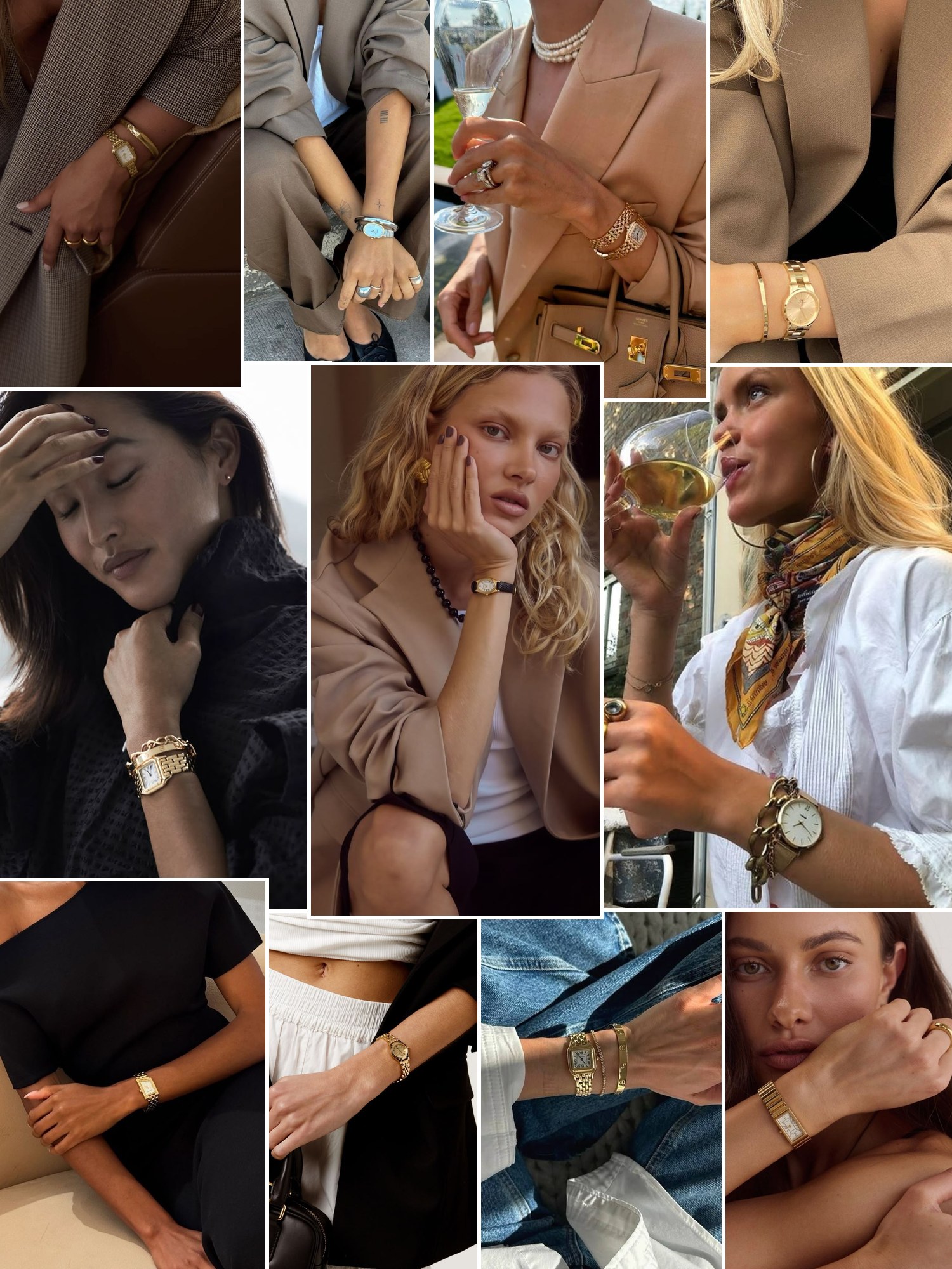 Collage of gold watch outfits with knits and blazers