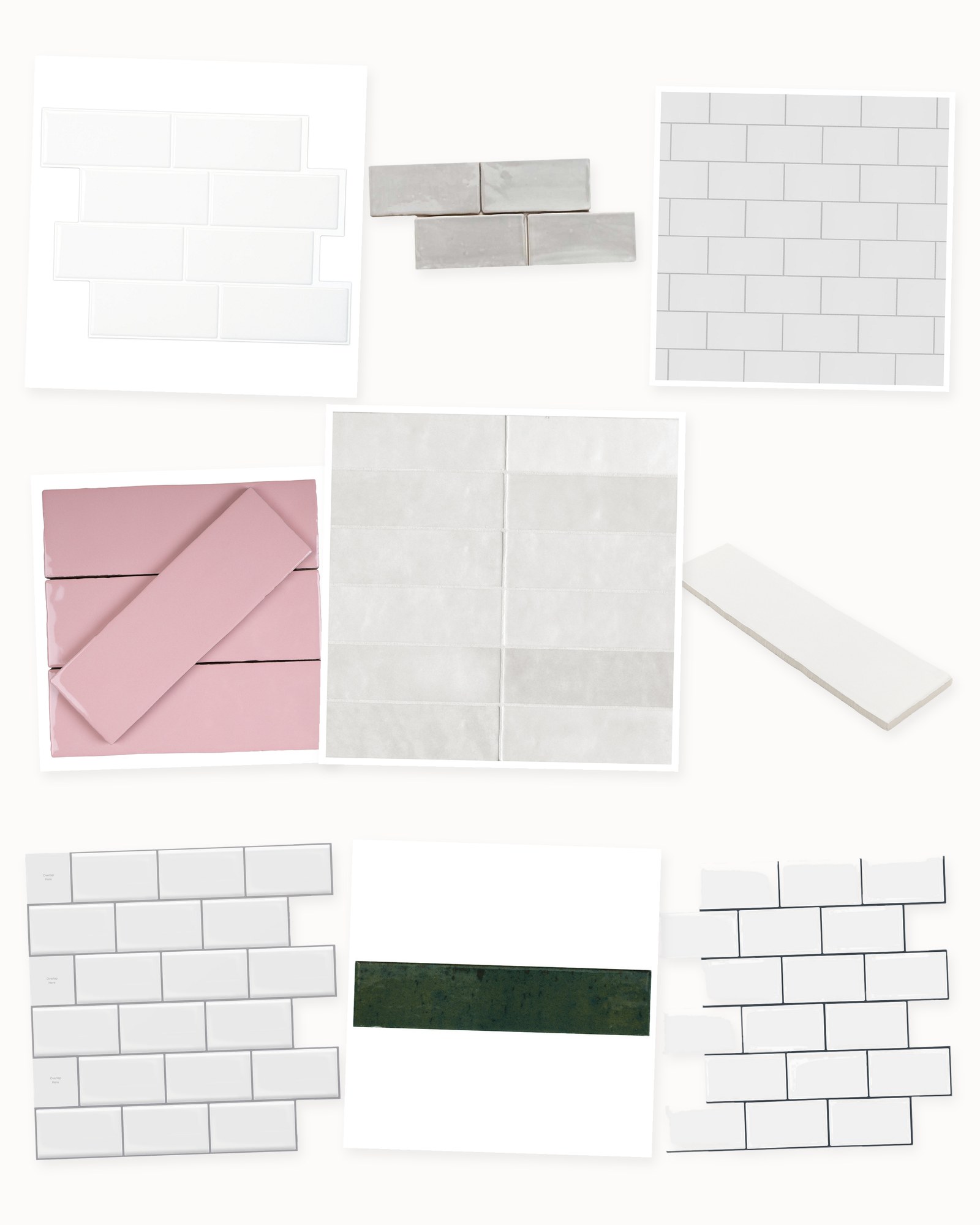 Collage on an off-white background showing Baton Rouge Ceramic Subway Tile, Cloe Handmade-Look Glossy Subway Tile, Metro Peel and Stick Gel Backsplash Tile, Crown Heights 3" x 6" Ceramic Subway Wall Tile, Daltile Remedy Hand-Crafted Wall Tile, White Peel and Stick Backsplash Tiles, Borgo Polished Porcelain Subway Tile, Talavera Handmolded-Look Glossy Wall Tile and Thick Vinyl Peel and Stick Subway Tile.