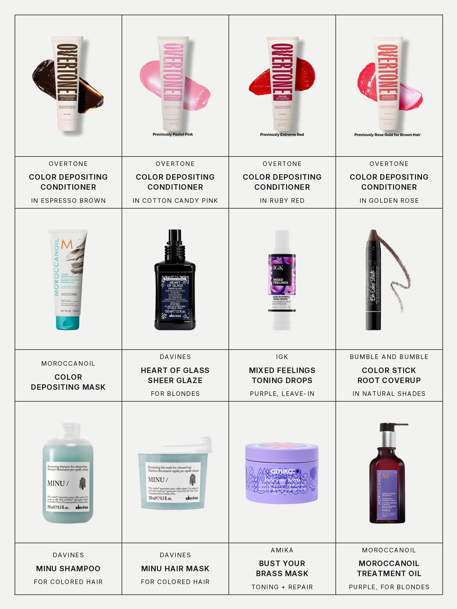 Twelve boxes on a pale grey page, one for each product in this edit, each with its brand and name printed below: Overtone Espresso Brown Color Depositing Daily Conditioner, Overtone Cotton Candy Pink Color Depositing Daily Conditioner, Overtone Ruby Red Color Depositing Daily Conditioner, Overtone Golden Rose Color Depositing Daily Conditioner, Moroccanoil Color Depositing Mask, Davines Heart of Glass Sheer Glaze for Blondes, IGK Mixed Feelings Purple Leave-In Blonde Toning Drops, Bumble and bumble Color Stick Root Coverup in Natural Shades, Davines Minu Shampoo for Colored Hair, Davines Minu Hair Mask for Colored Hair, Amika Bust Your Brass Toning + Strength Repair Mask and Moroccanoil Treatment Purple Hair Oil for Blonde Hair.