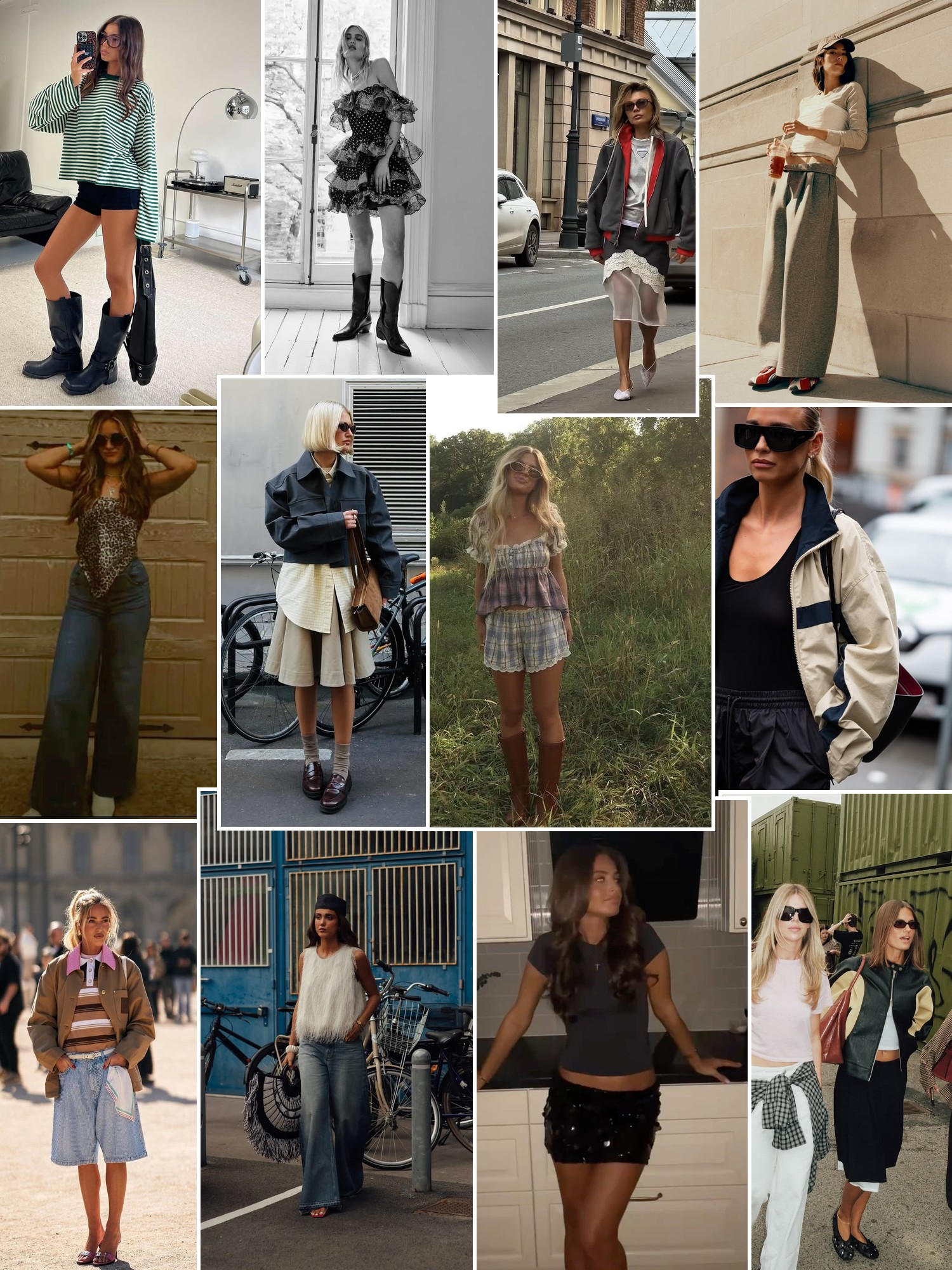 Collage of women’s boots styled with streetwear, skirts, dresses and relaxed city outfits