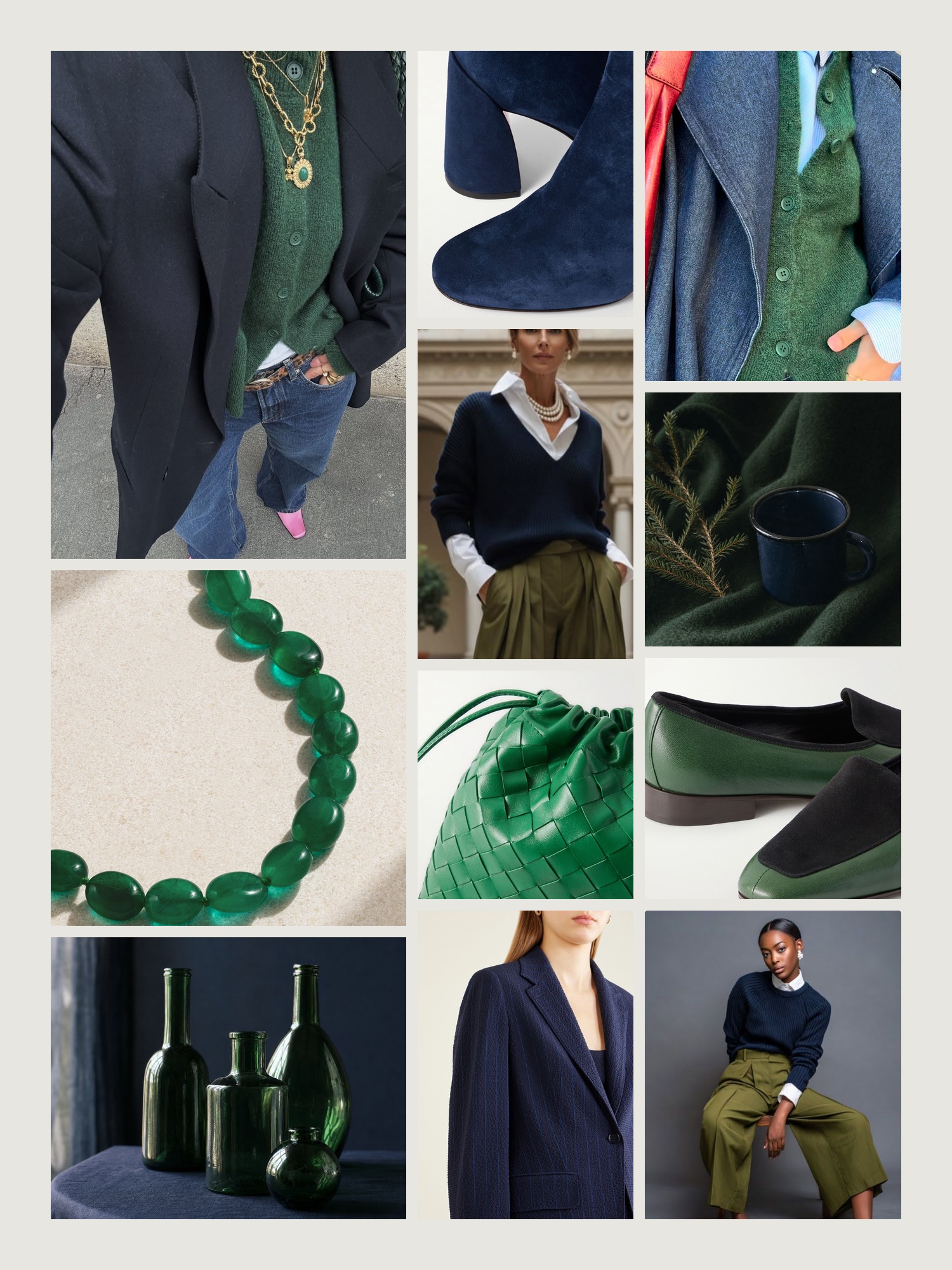 Mood board for forest green and navy outfits: four street-style photos of women wearing forest green and navy, close-ups of the Jia Jia quartz necklace, the Christian Louboutin ankle boots, the Bottega Veneta leather pouch, the Max Mara seersucker blazer and the Row penny loafers from this edit, and two still lifes in both colors