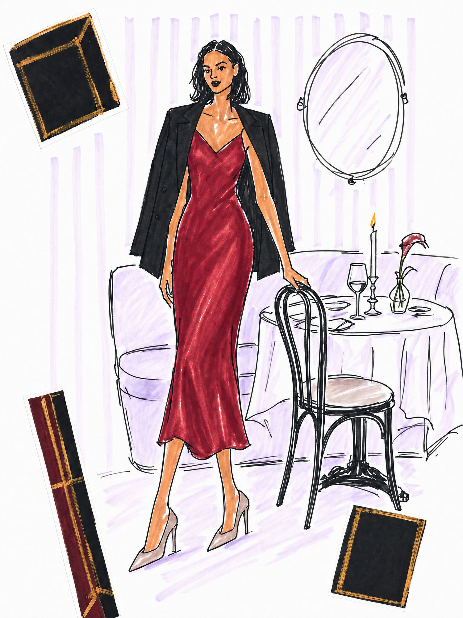 Illustration of a woman at a restaurant table in a red silk slip dress with a black blazer over her shoulders and beige pumps