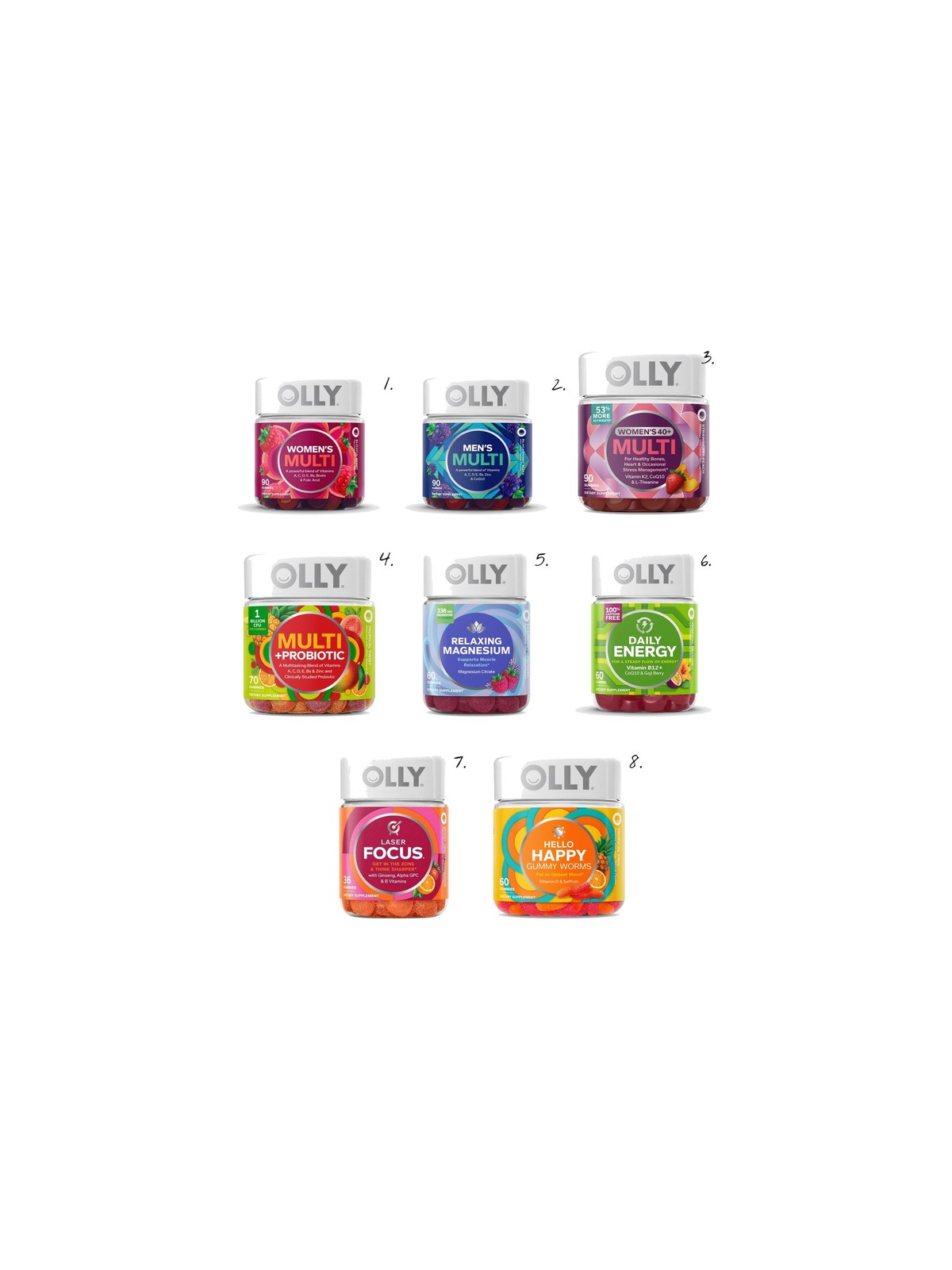 Numbered collage: 1. OLLY The Perfect Women's Multi, Blissful Berry, 90 Gummies; 2. OLLY The Perfect Men's Multi, Blackberry Blitz, 90 Gummies; 3. OLLY Women's 40+ Multivitamin Gummies, 90ct; 4. OLLY Adult Multivitamin + Probiotic Supplement Gummies, 70ct; 5. OLLY Vitamin Magnesium Gummies, 60ct; 6. OLLY Daily Energy Gummies, Tropical Passion, 60 Gummies; 7. OLLY Laser Focus Gummies, Berry Tangy Tangerine, 36 Count; 8. OLLY Hello Happy Gummy Worm Supplements with Vitamin D and Saffron, 60ct