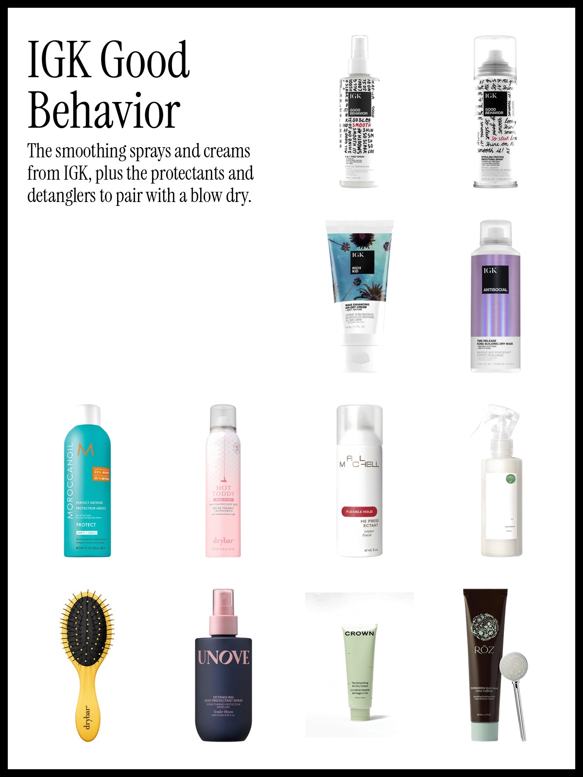 Collage of IGK Good Behavior 4-in-1 Heat Protection Blow Dry Prep Spray, Moroccanoil Perfect Defense Heat Protectant and Briogeo Be Gentle, Be Kind Detangler