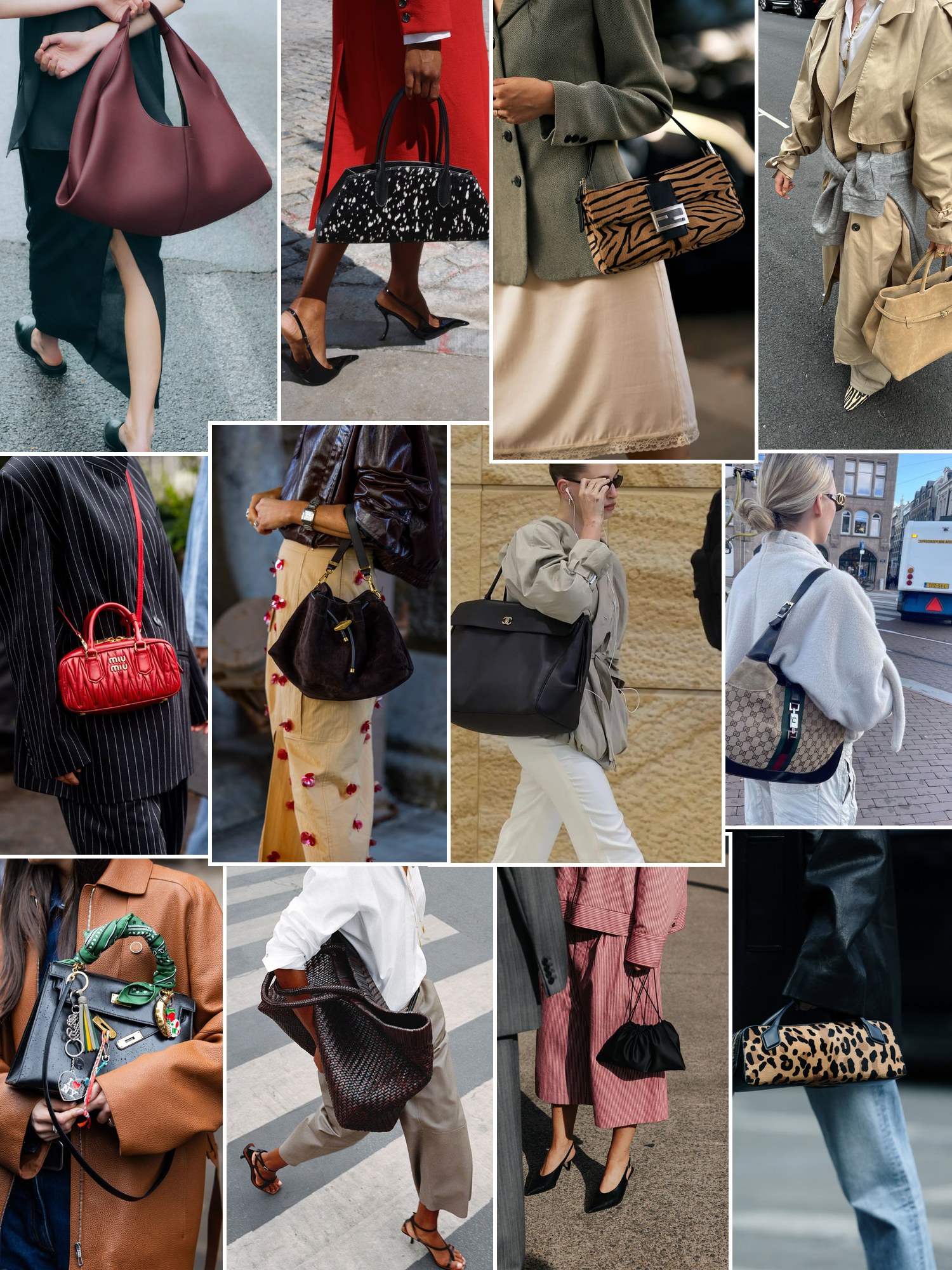 Collage of designer handbags in street style