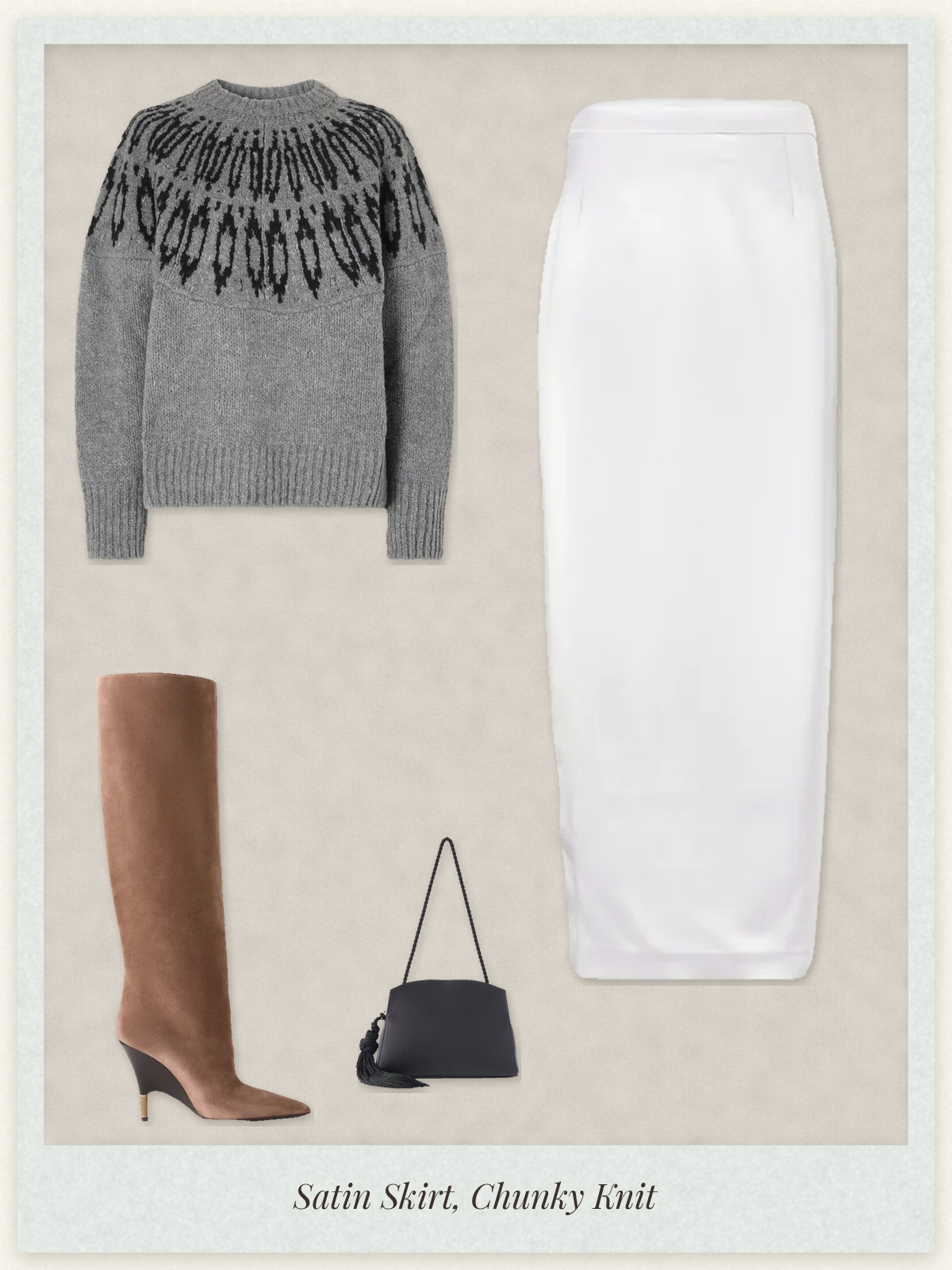 Polaroid outfit collage of a Violante Nessi satin midi skirt, Altuzarra intarsia sweater, Khaite suede knee boots and Liffner tasseled bag