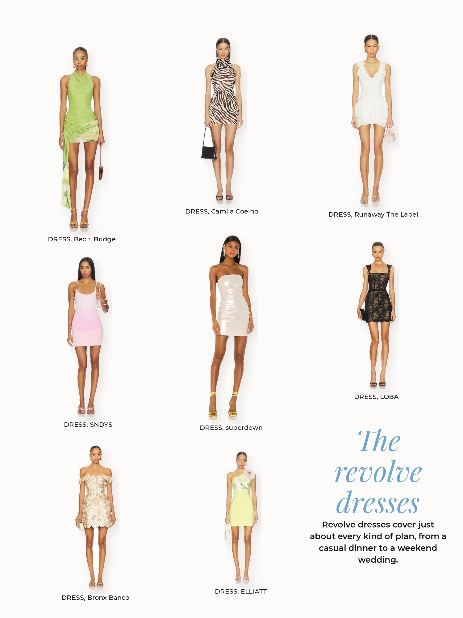 Revolve dresses collage: Bec + Bridge, Bronx Banco, Camila Coelho, ELLIATT, LOBA, Runaway The Label, SNDYS, superdown