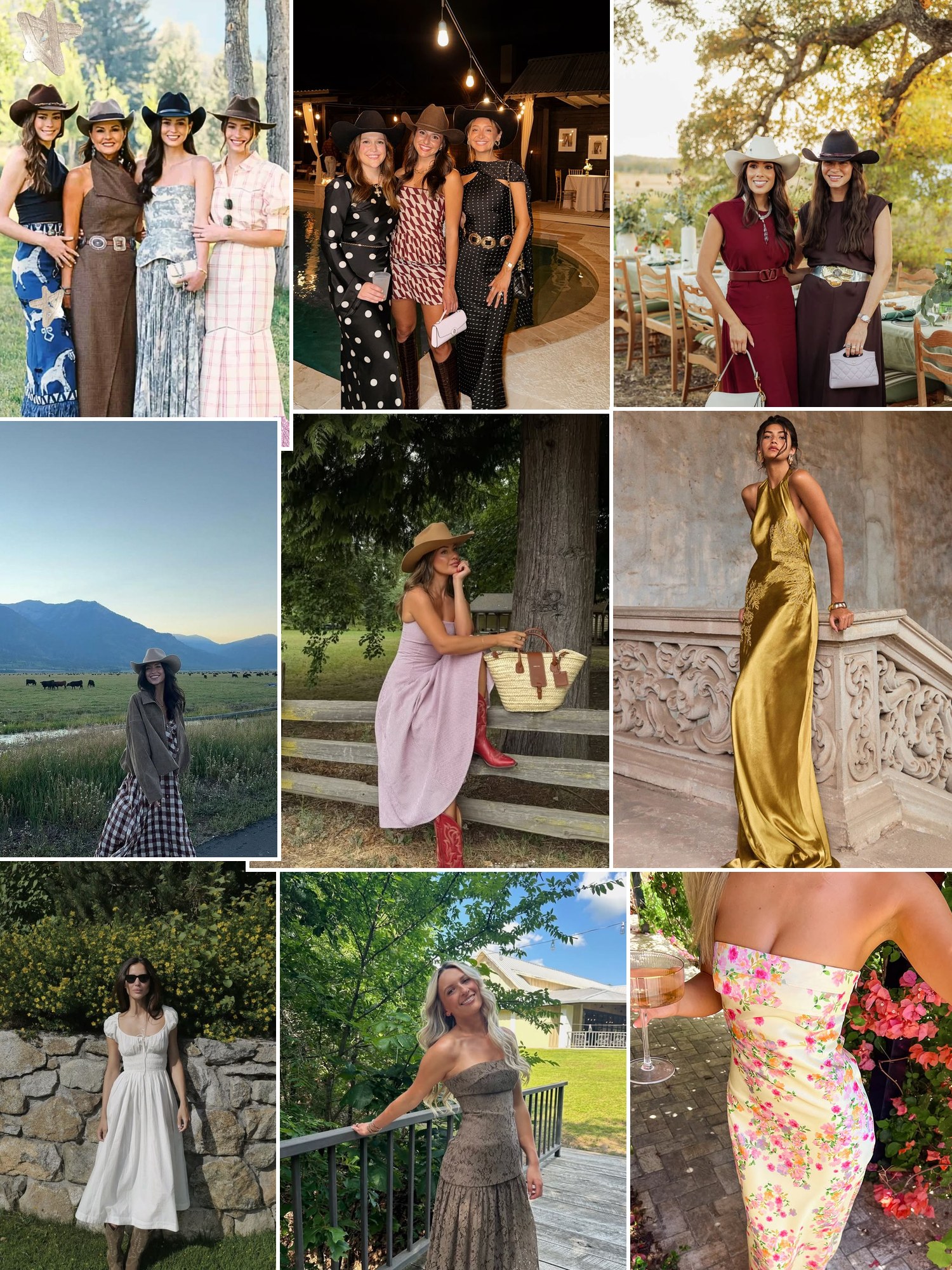 Collage of everyday outfits built around country wedding guest dresses