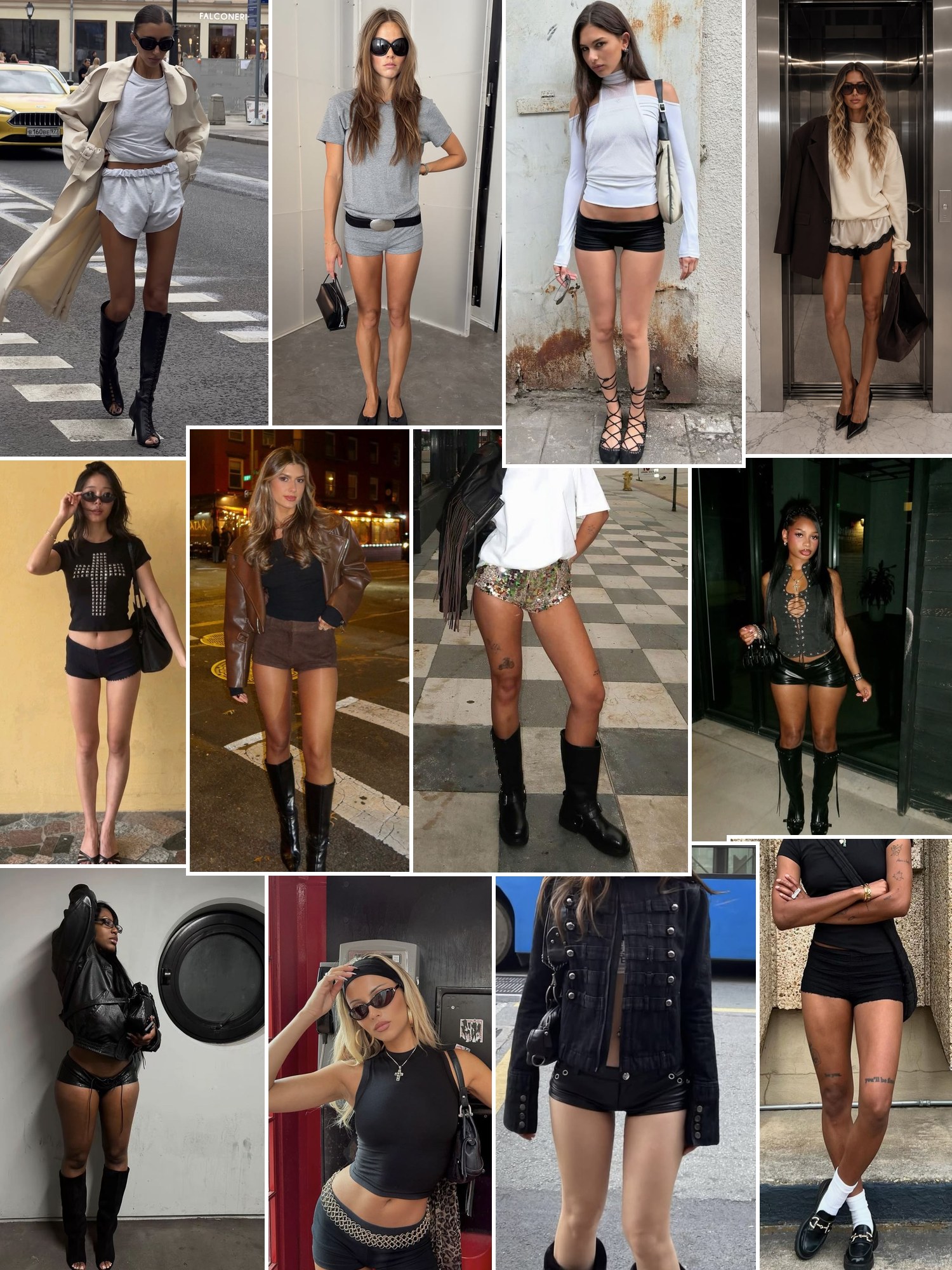 Collage of outfits built around micro shorts with boots, loafers and sweaters