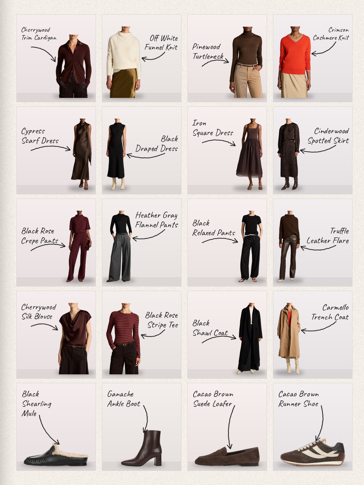 Collage: twenty Vince products with handwritten labels