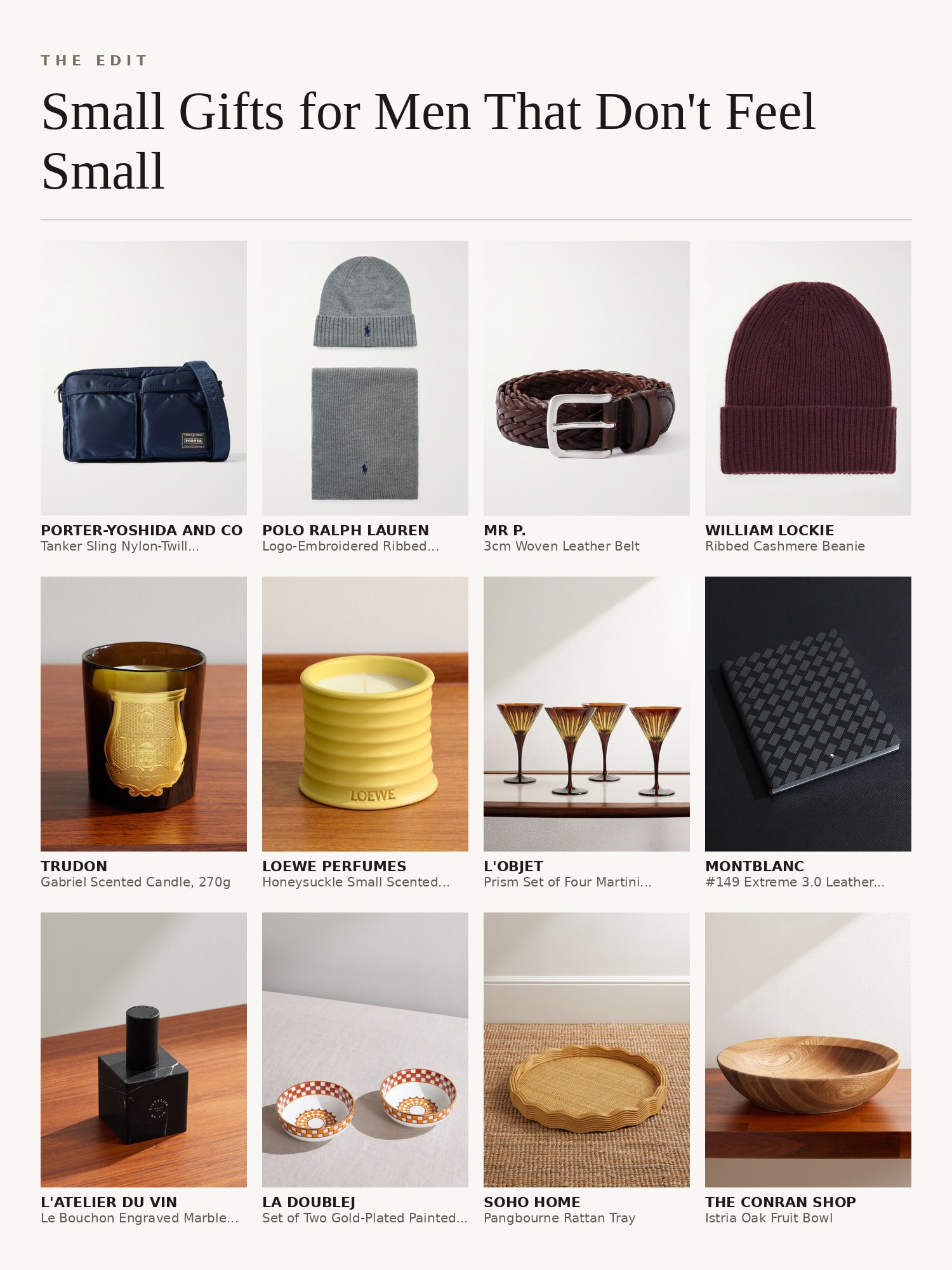 Collage of small gifts for men: leather belts, cashmere beanies, scented candles, cocktail glasses, notebooks and oak trays