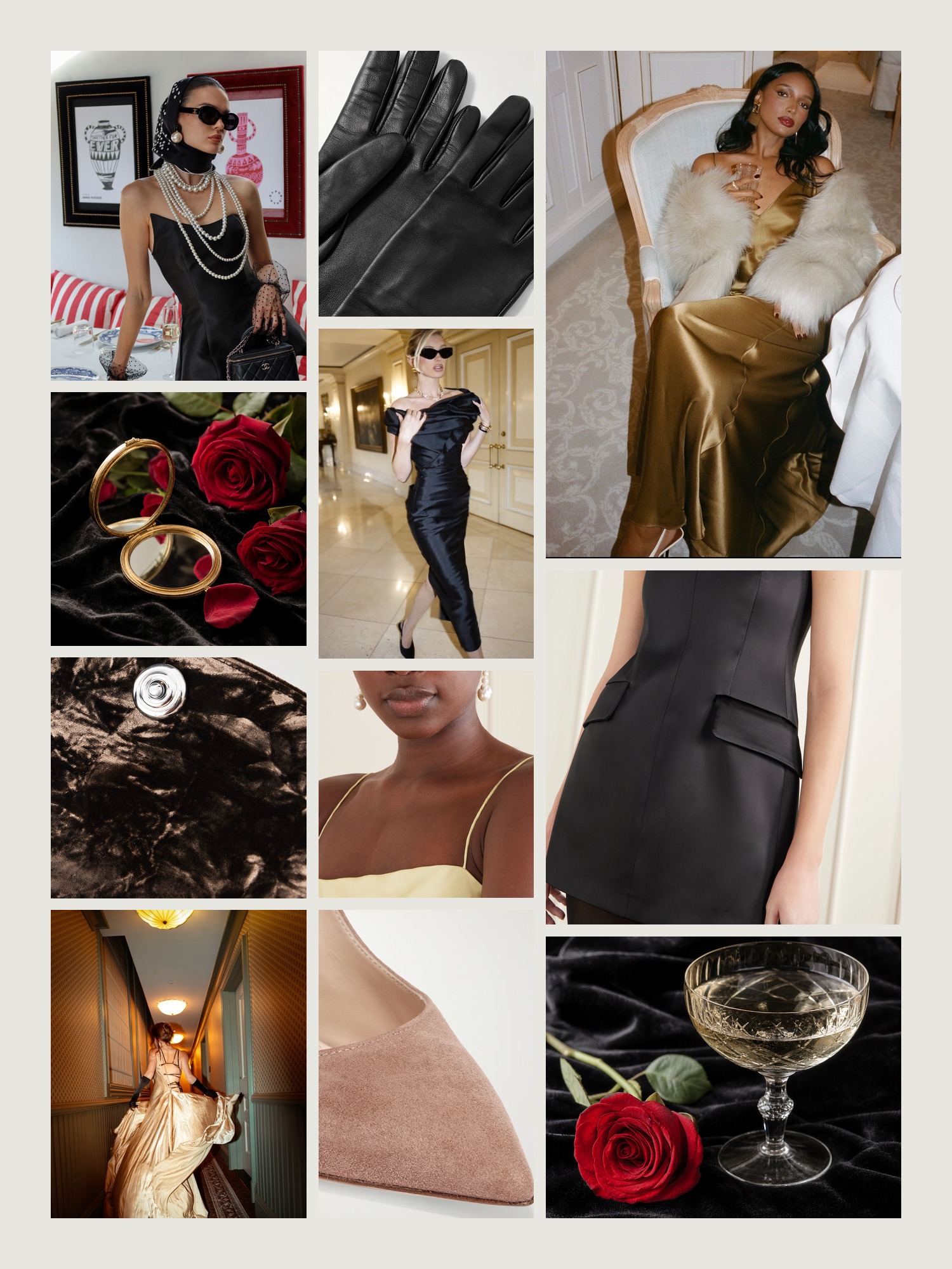 Mood board of Old Hollywood outfits in black velvet and red