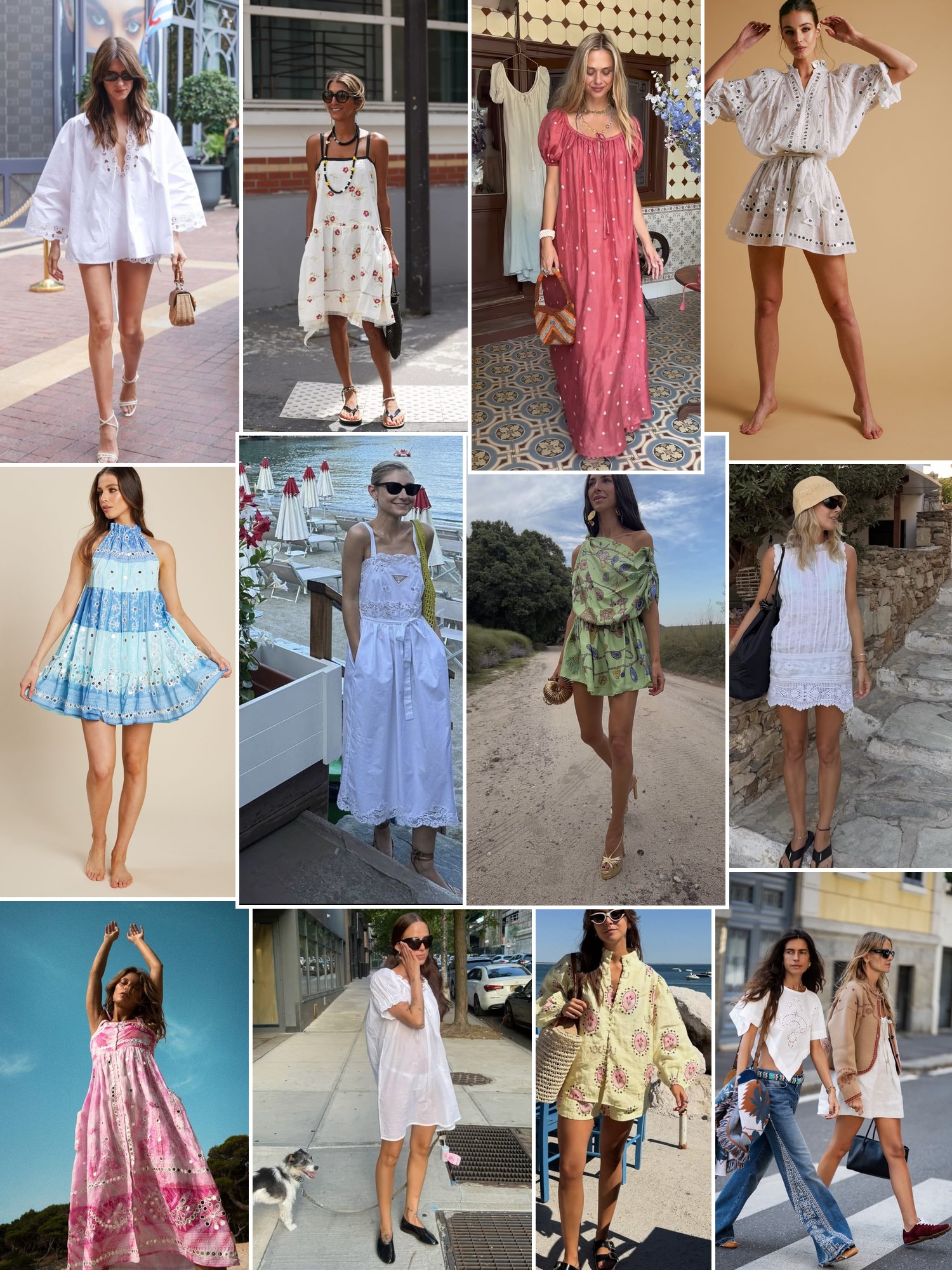 Collage of colorful embroidered resort dresses and sunlit vacation outfits in coastal and garden settings