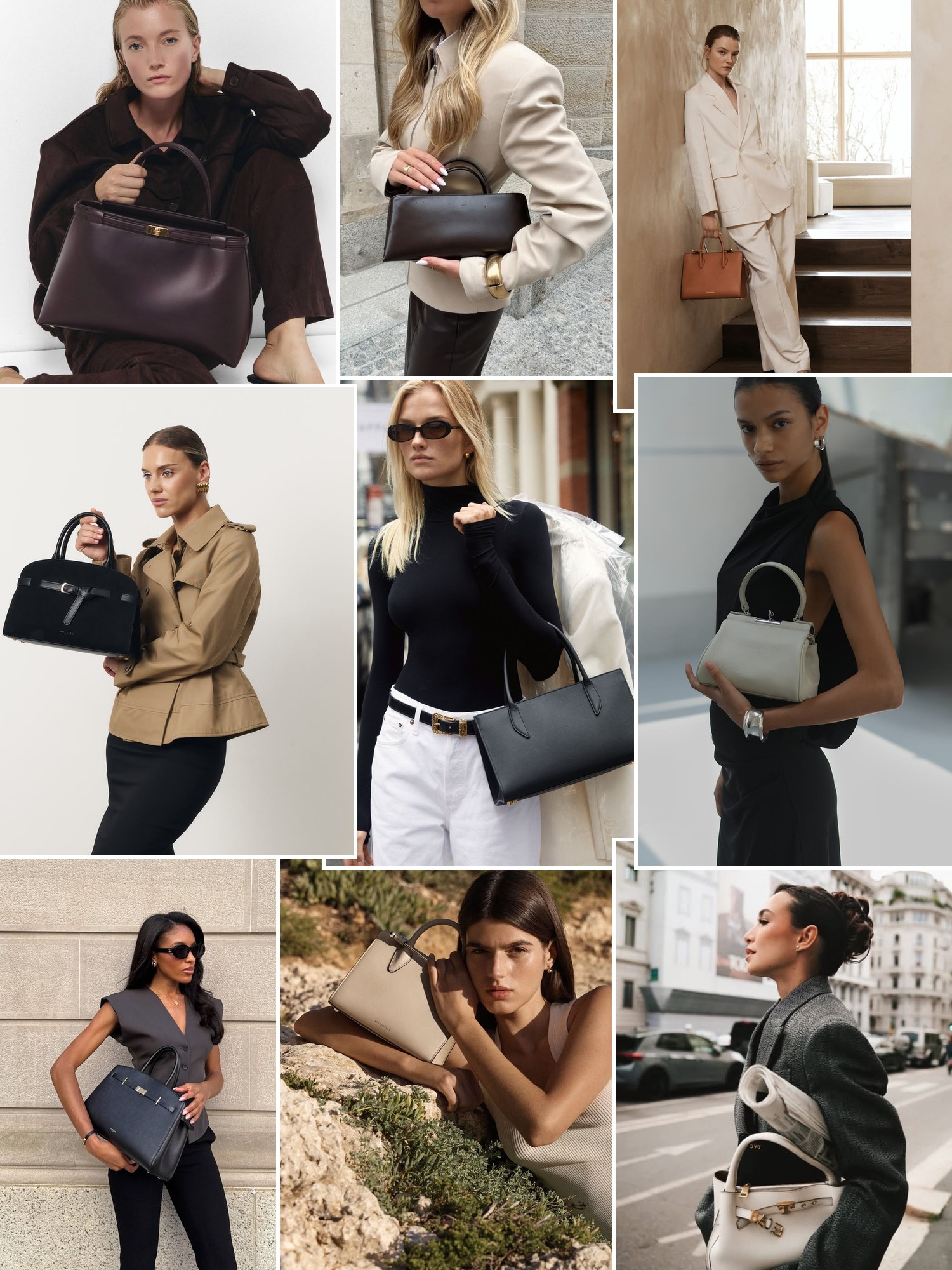 Collage of structured top-handle bags with a flap and lock and similar looks