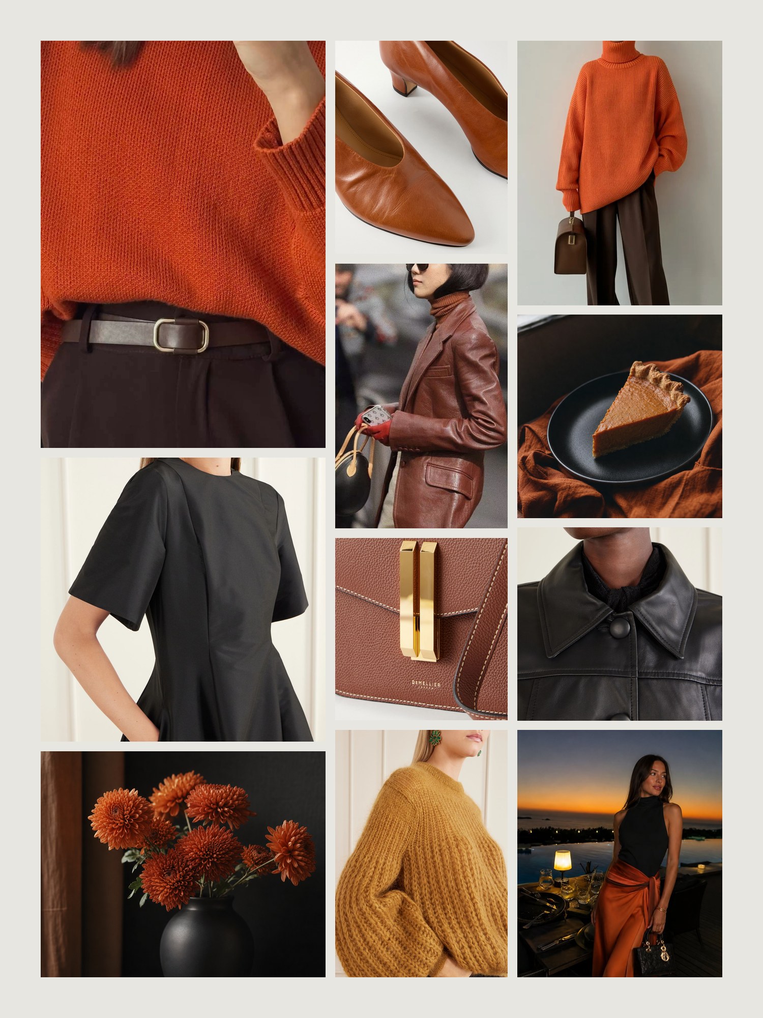 Mood board for rust and black outfits: four street-style photos of women wearing rust and black, close-ups of the DeMellier clutch, the Calvin Klein Collection pumps, the Zimmermann sweater, the Bernadette midi dress and the Anna Sui jacket from this edit, and two still lifes in both colors