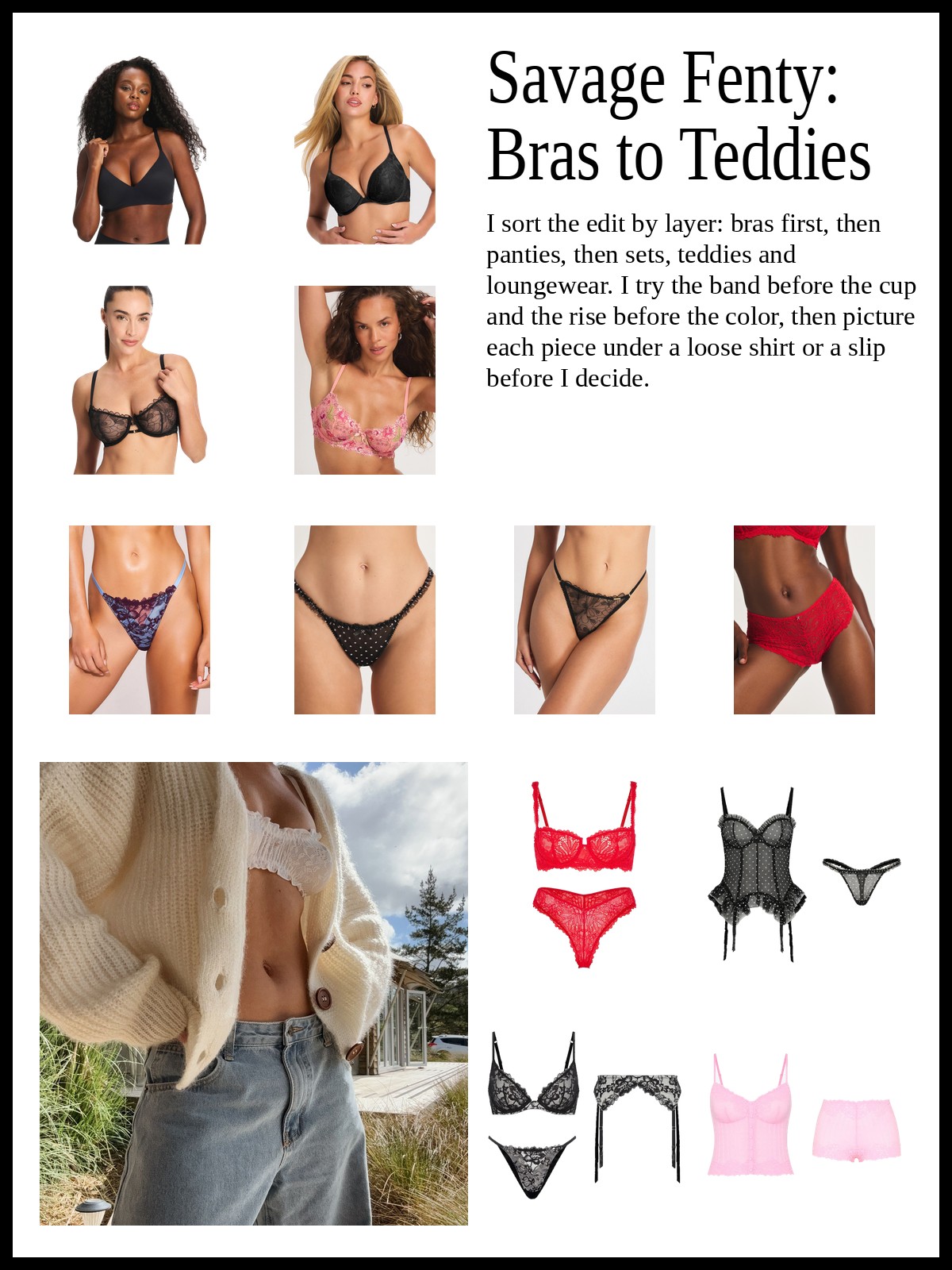 Collage of lace and wireless bras, lace panties, and lingerie sets, teddies and satin robes, with a mood photo of a lace bralette worn under a cream cardigan with jeans.