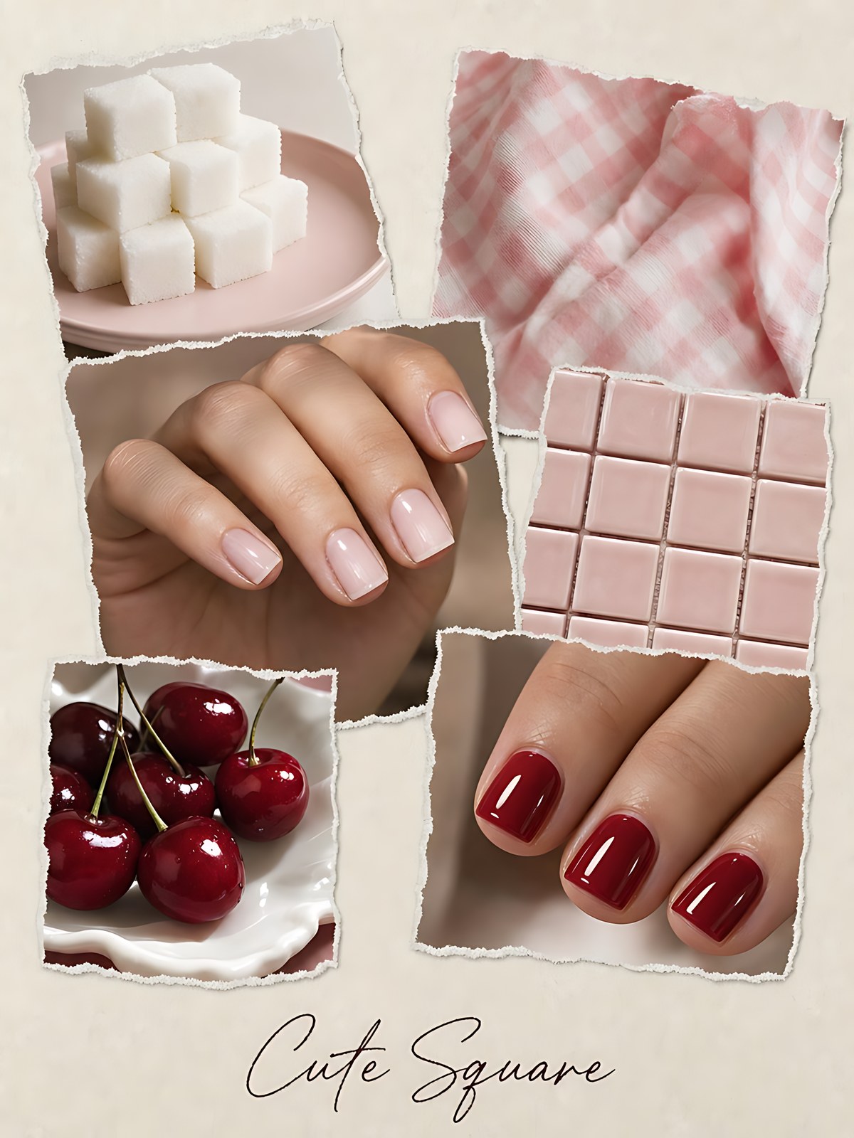 Mood board of cute square nails: sugar cubes, pink gingham, blush tiles, cherries, and milky pink and cherry red short square manicures