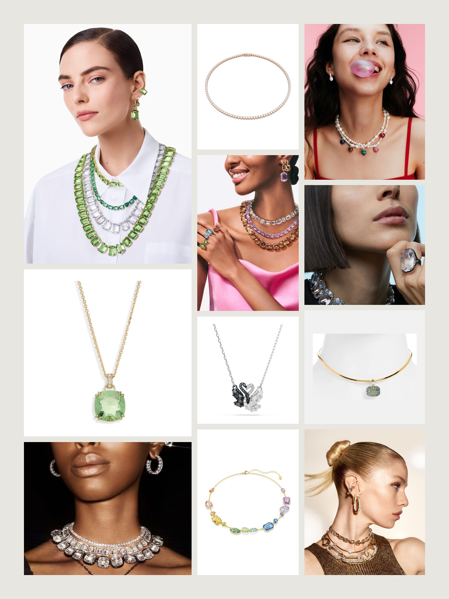 Mood board for Swarovski Necklace: street-style photos, close-up details and product shots from this edit