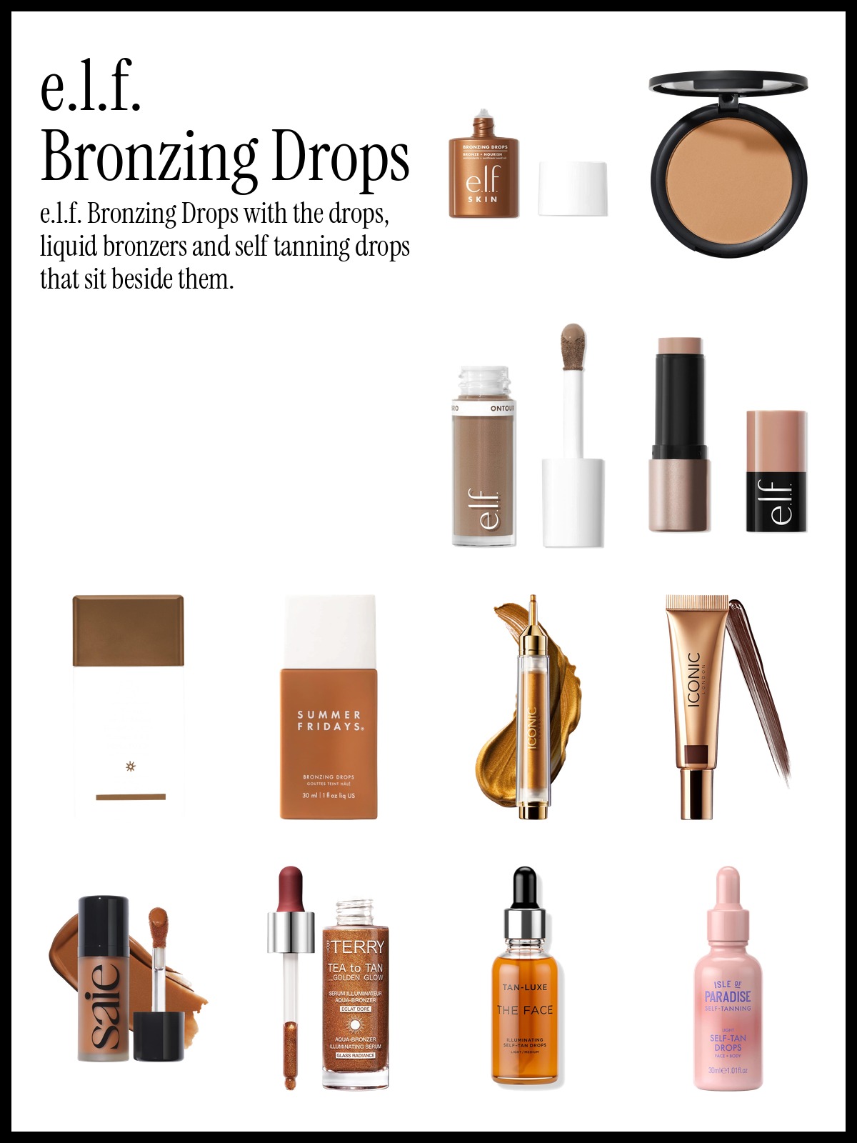 Collage of e.l.f. Bronzing Drops and Drunk Elephant D-Bronzi Bronzing Drops