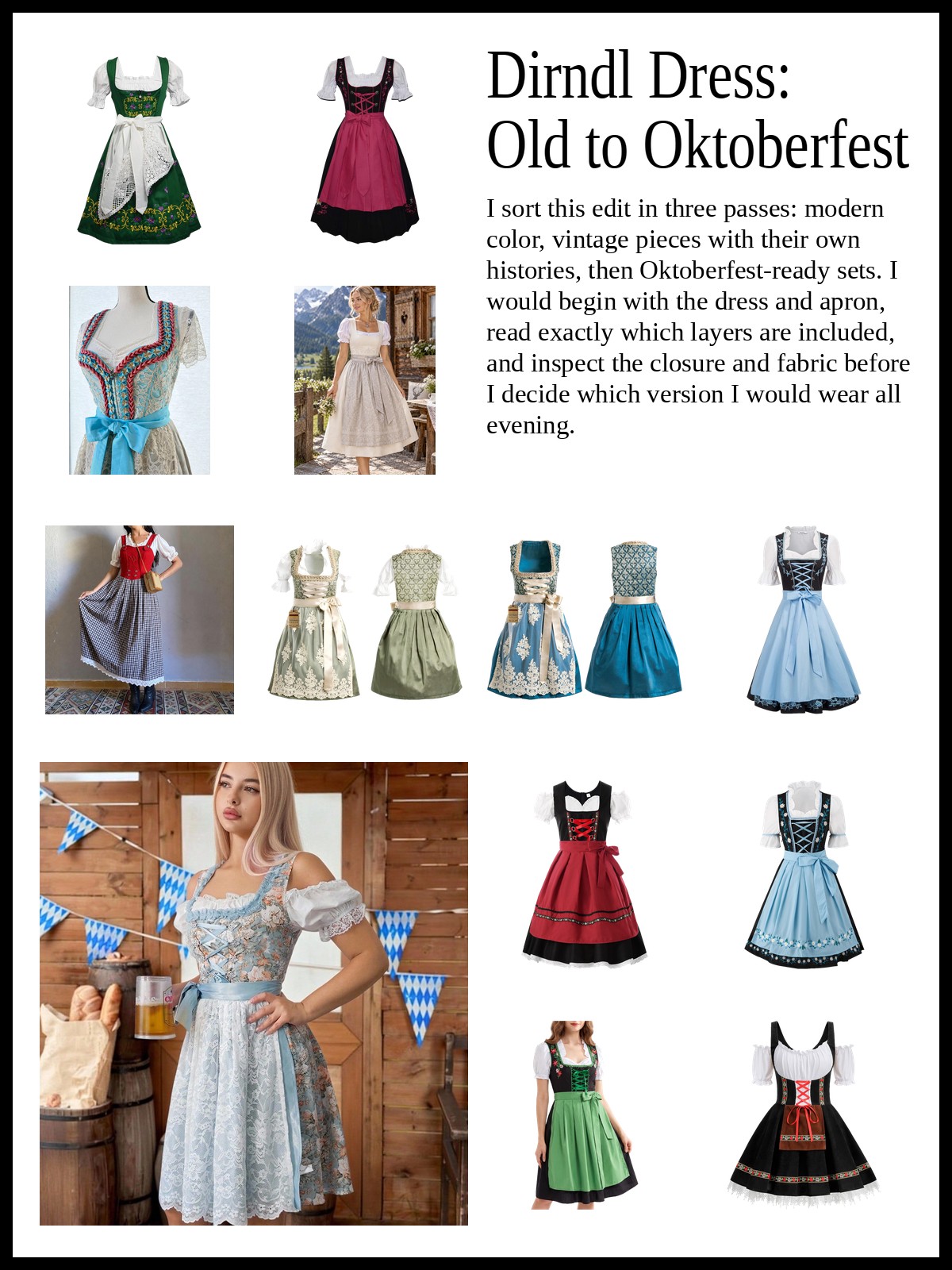 Collage of contemporary dirndl styles, vintage dirndl finds, and Oktoberfest-ready dirndl sets