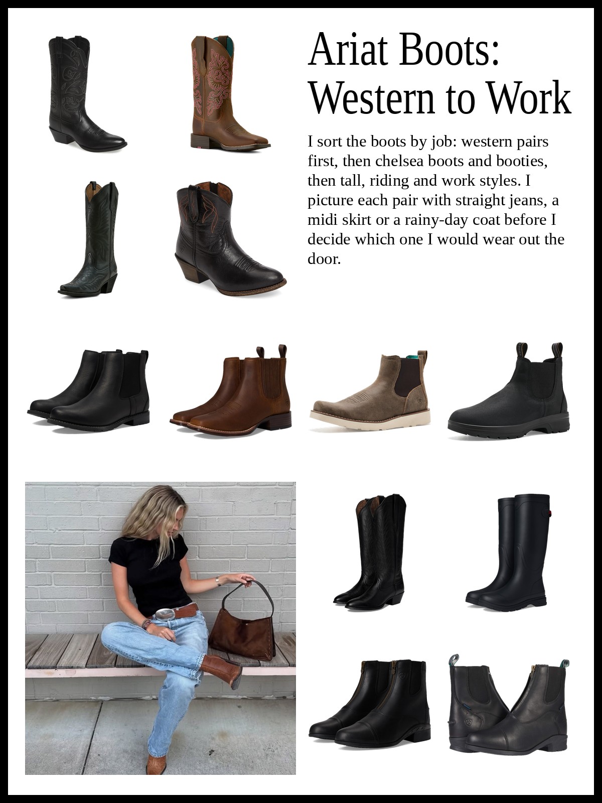 Collage of western cowboy boots, chelsea boots and ankle booties, and tall, riding and work boots, and a mood photo of light jeans with brown western boots and a suede bag