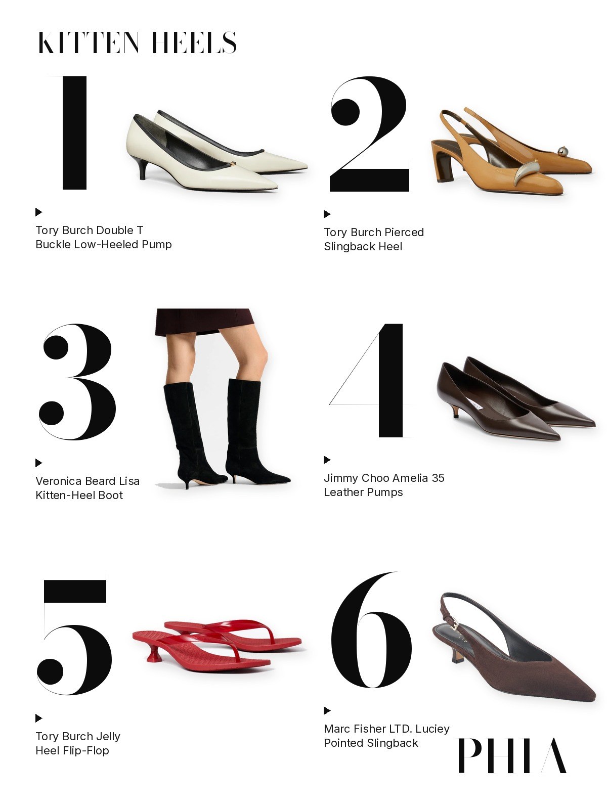 Six kitten heels, numbered one to six