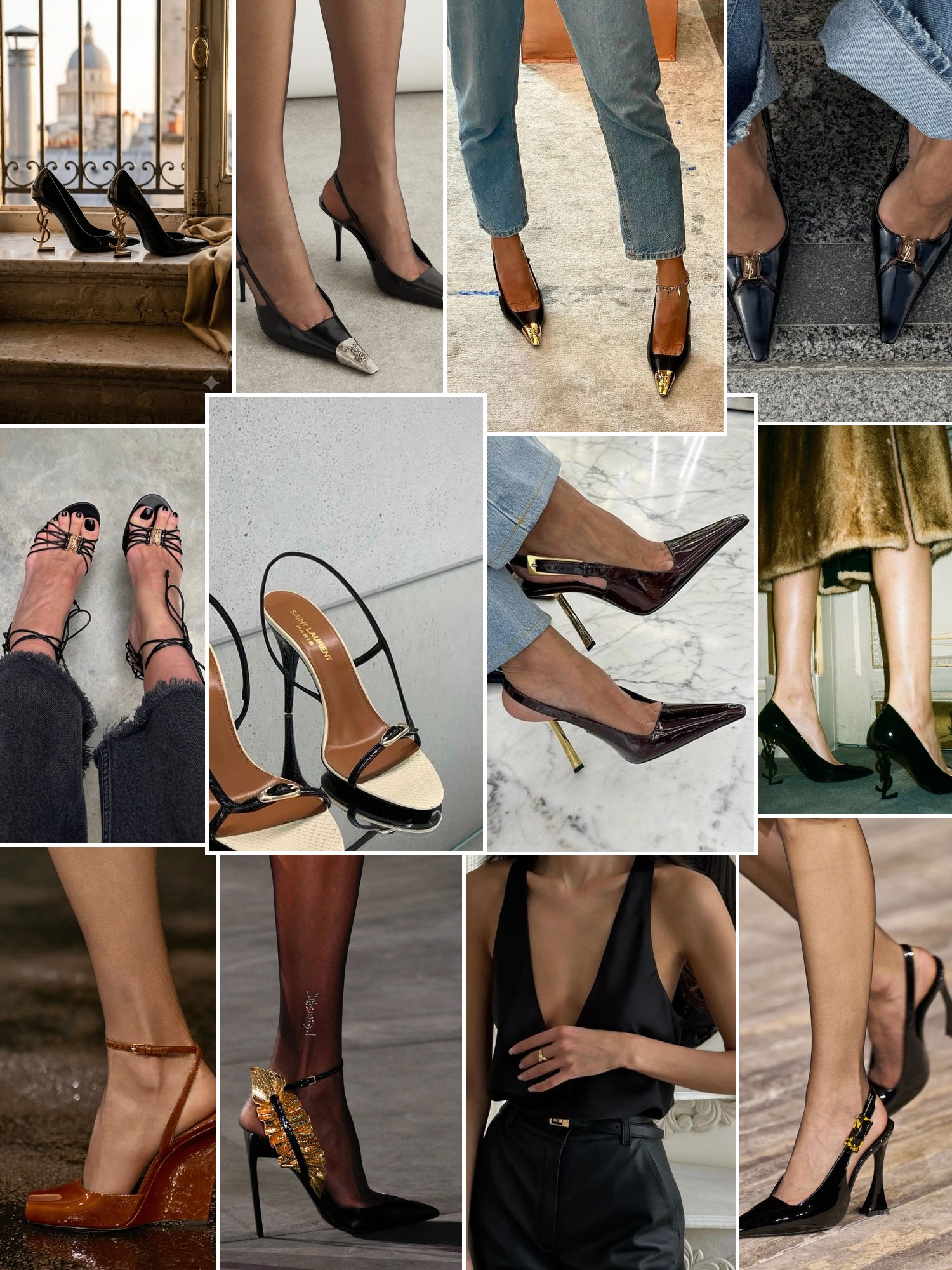 Collage of shoes styled with city, runway and evening outfits that capture the Saint Laurent mood