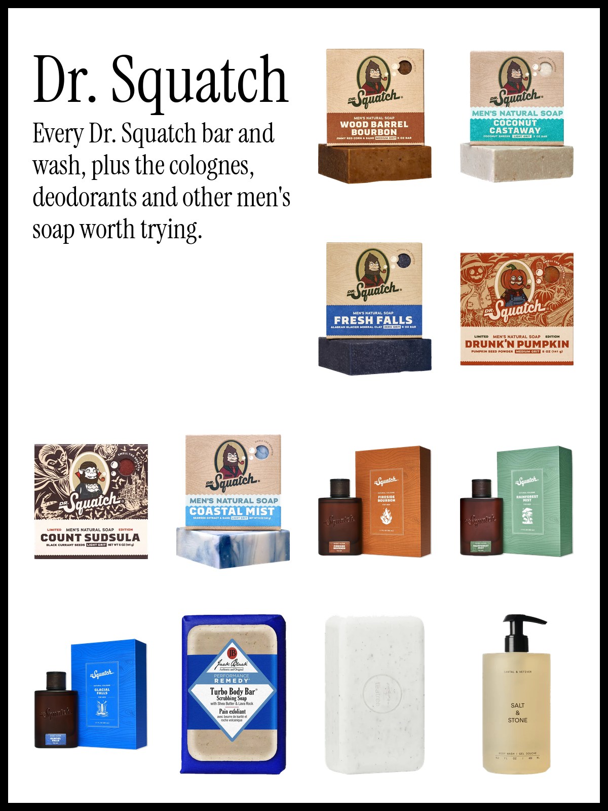 Collage of Dr. Squatch bar soap, cologne and deodorant with other men's body wash brands