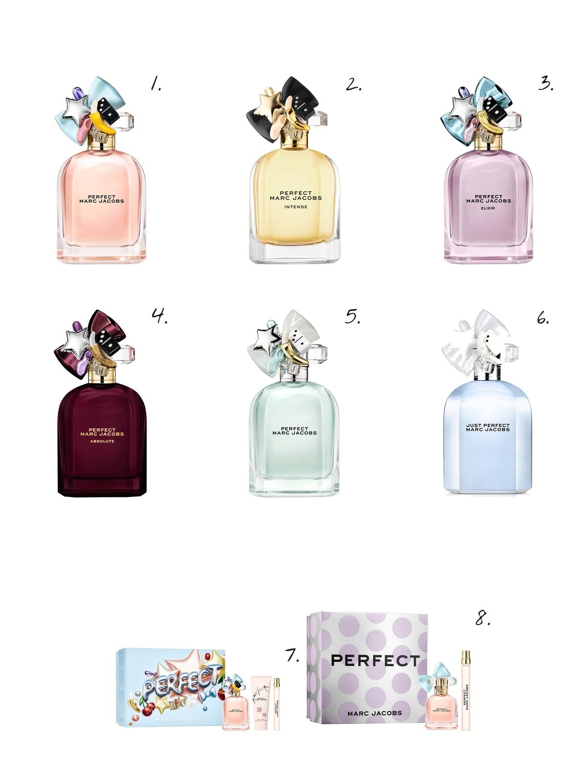 Numbered collage: 1. Marc Jacobs Perfect Eau de Parfum with Daffodil & Musk; 2. Marc Jacobs Perfect Intense Eau de Parfum with Jasmine & Sandalwood; 3. Marc Jacobs Perfect Elixir Eau de Parfum with Woody Amber & Vanilla; 4. Marc Jacobs Perfect Absolute Eau de Parfum with Fig & Amber; 5. Marc Jacobs Perfect Eau de Toilette with White Florals & Cedarwood; 6. Marc Jacobs Just Perfect Eau de Parfum; 7. Marc Jacobs Perfect Eau de Parfum 3 Piece Gift Set; 8. Marc Jacobs Mini Perfect Eau de Parfum Duo Gift Set