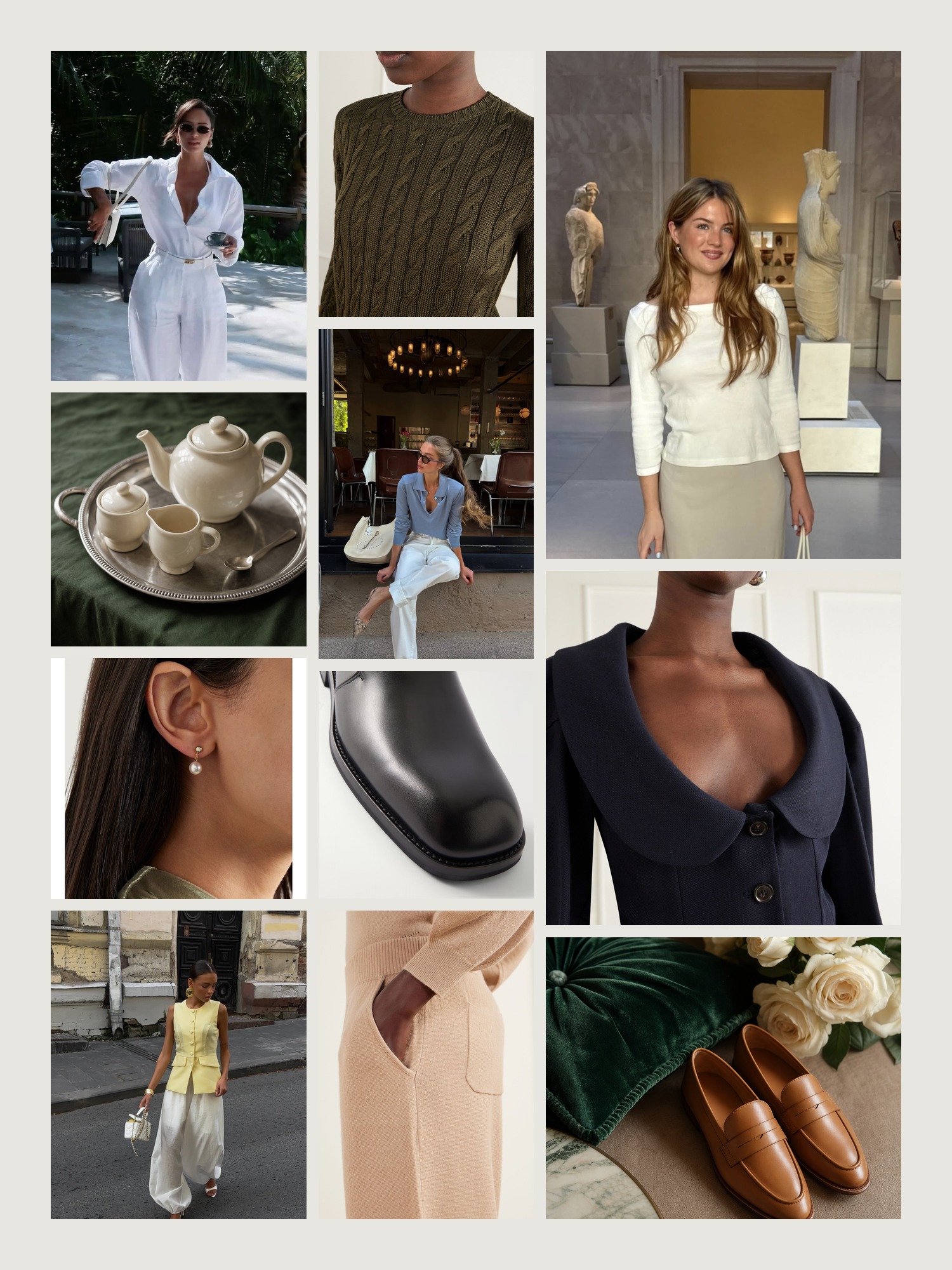 Mood board of old money style in hunter green, cream and tan leather