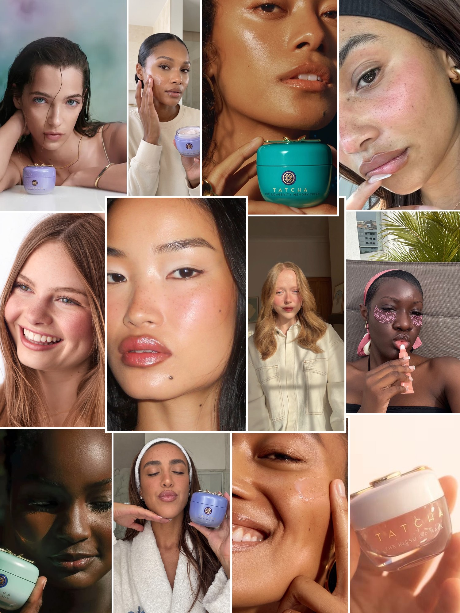 Collage of luminous skincare portraits, cream textures, and calm spa inspired beauty moments