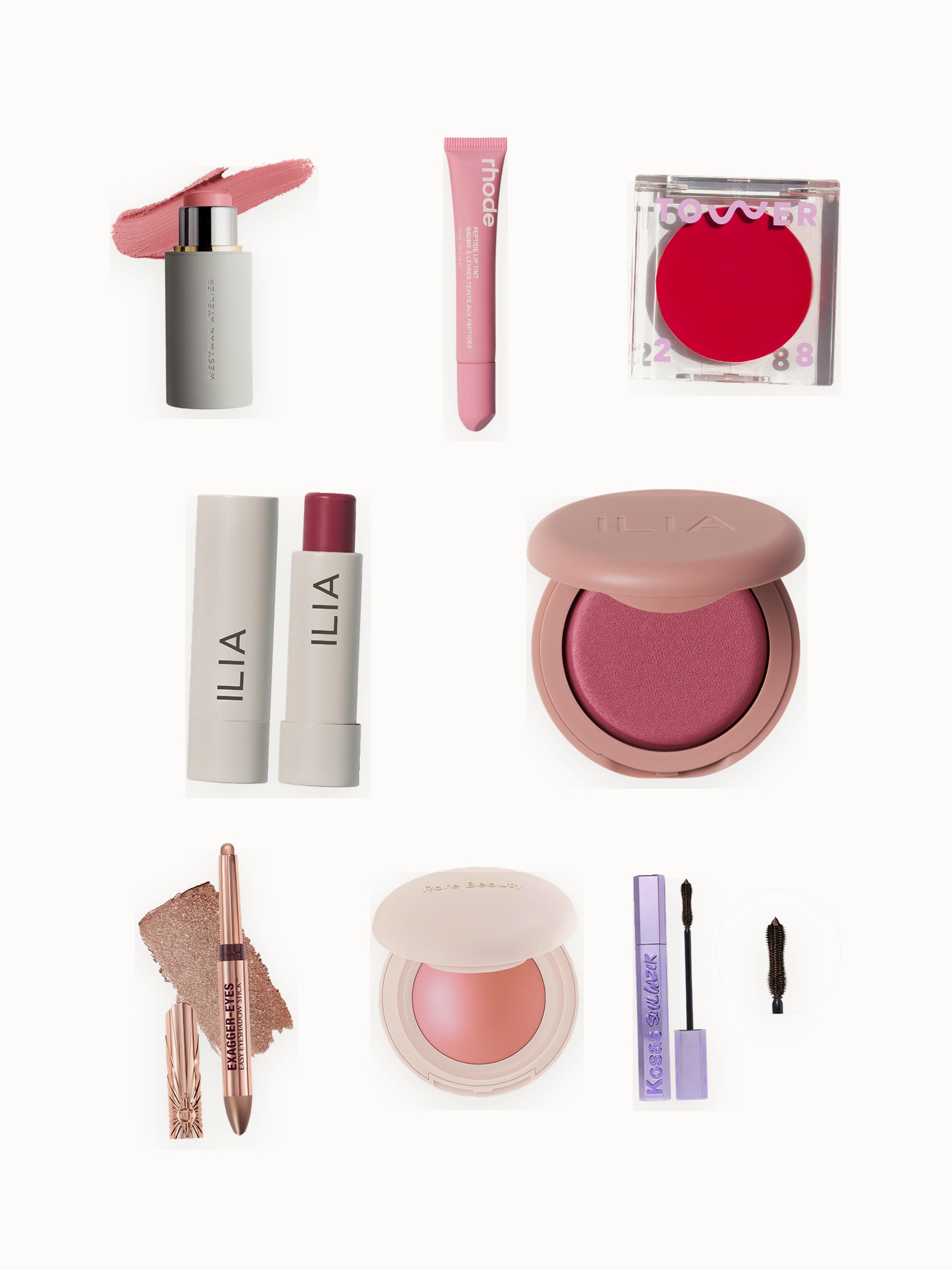 Flat lay of cream and powder blushes, lip tints, an eyeshadow stick and mascara on an off-white background