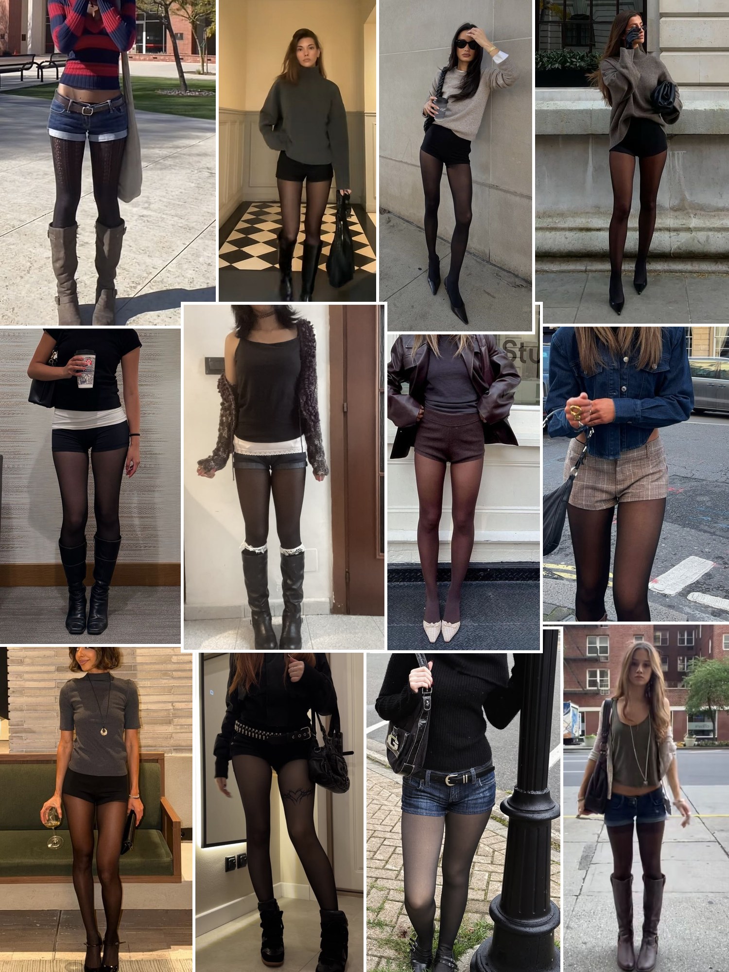 Street style collage of women wearing micro shorts with sheer tights and knee boots