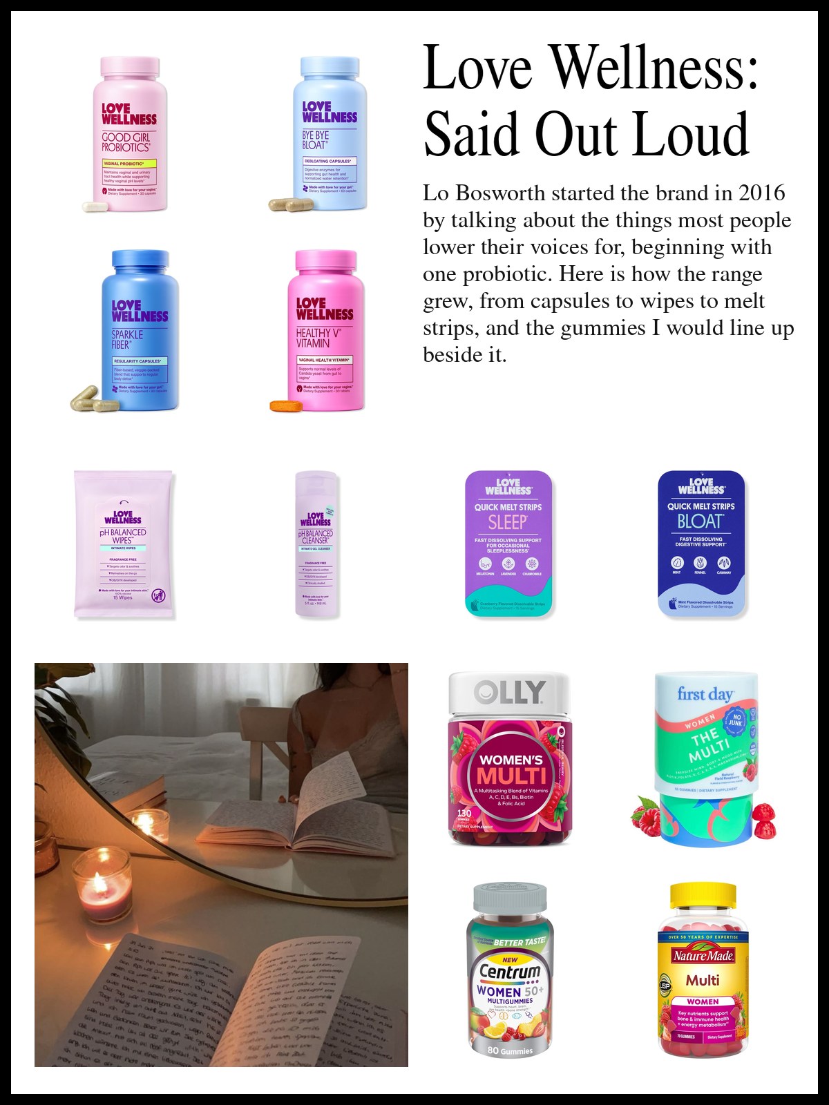 Collage of Love Wellness capsules, probiotics, wipes and quick melt strips and women's multivitamin gummies beside a mood photo of candlelight, a mirror and an open journal.