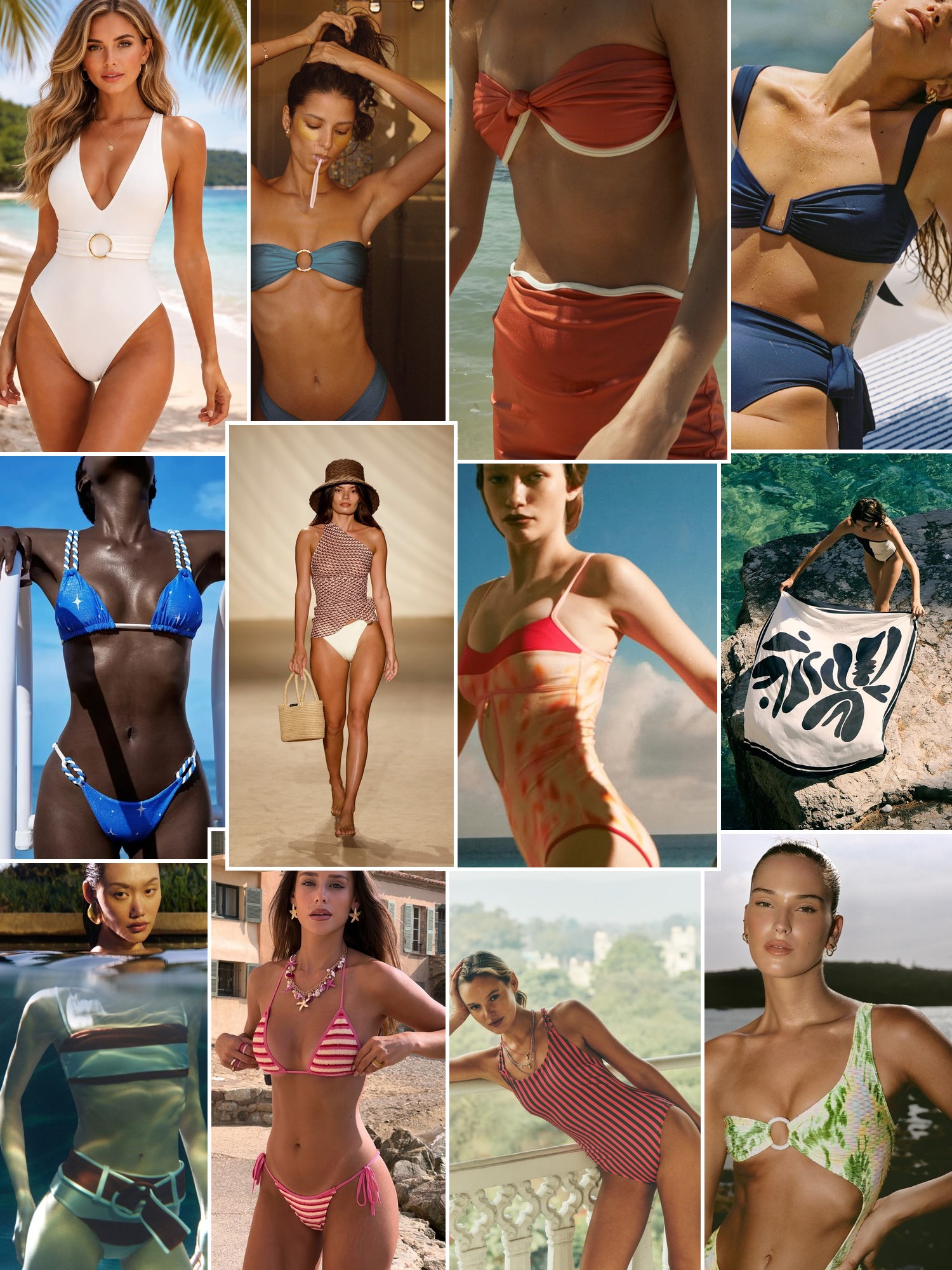 Collage of swimwear on sunlit beaches and by the water, in the spirit of Ancora
