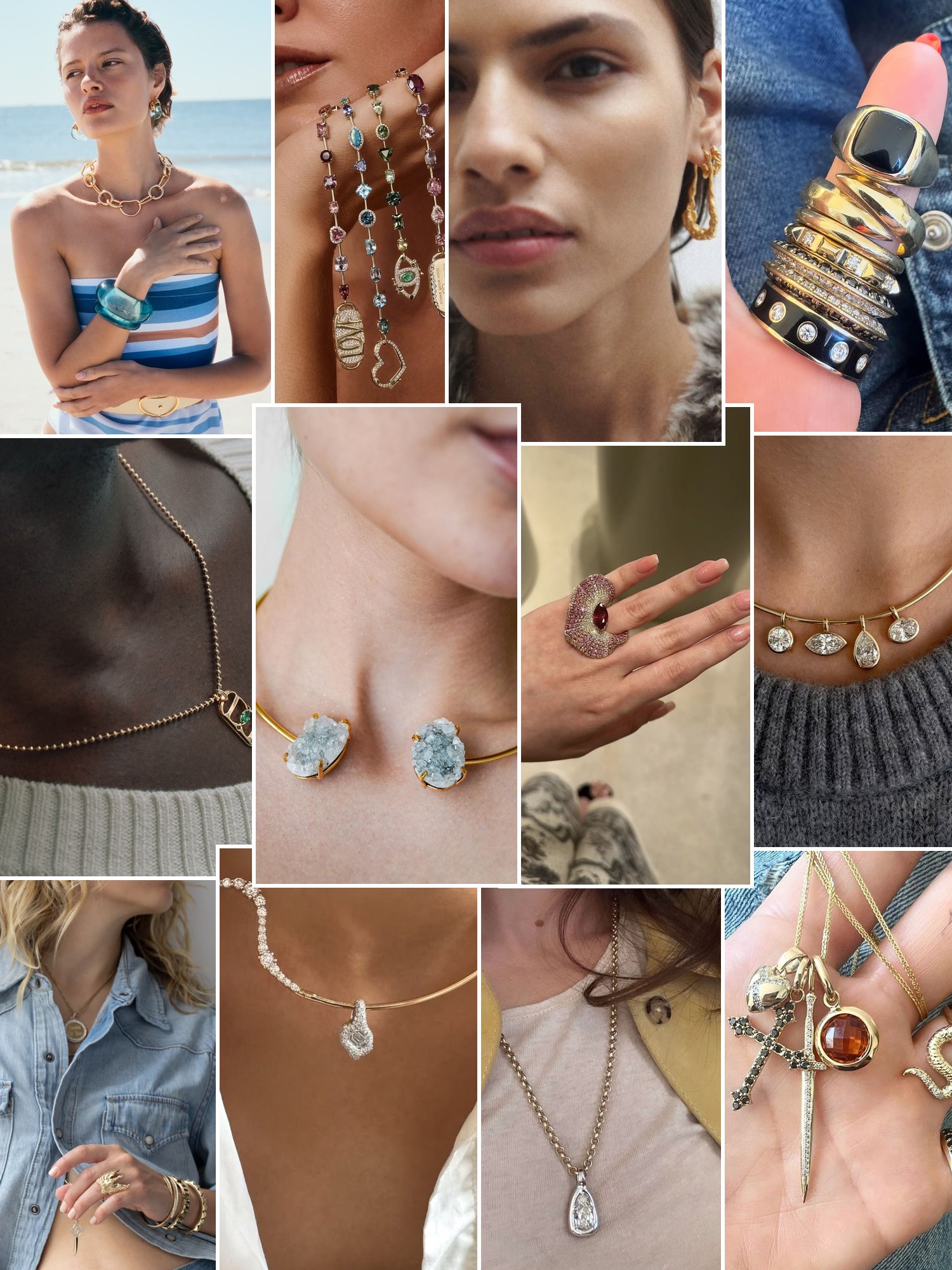 Collage of rings, earrings and layered necklaces worn up close, in the spirit of DRU.